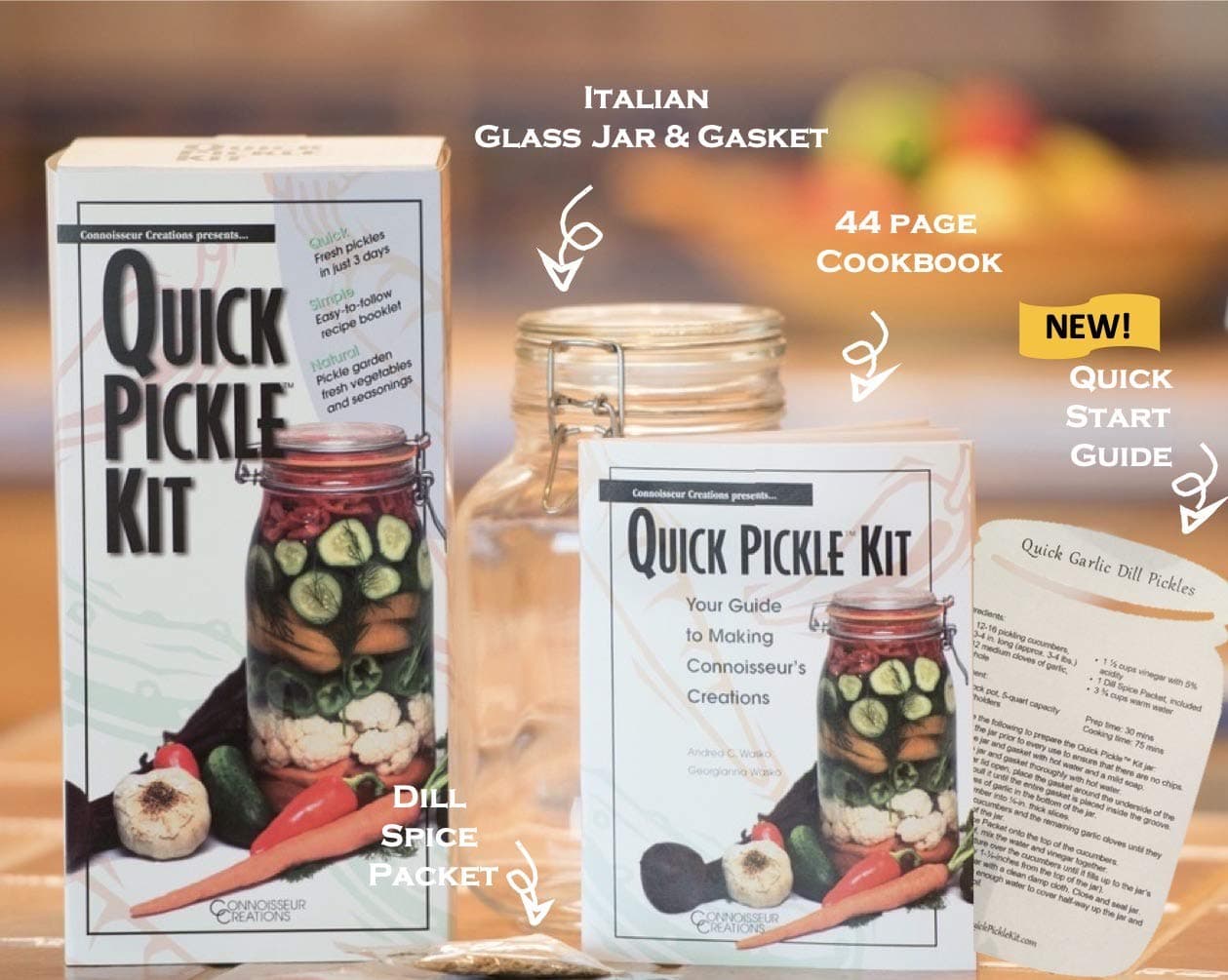 Quick Pickle Kit - DIY Starter Set with 44 page Pickling Cookbook, Quick Start Guide, 0.5 Gallon Reusable Glass Jar, Three Spice Packets, and Food Safe Rubber Gasket