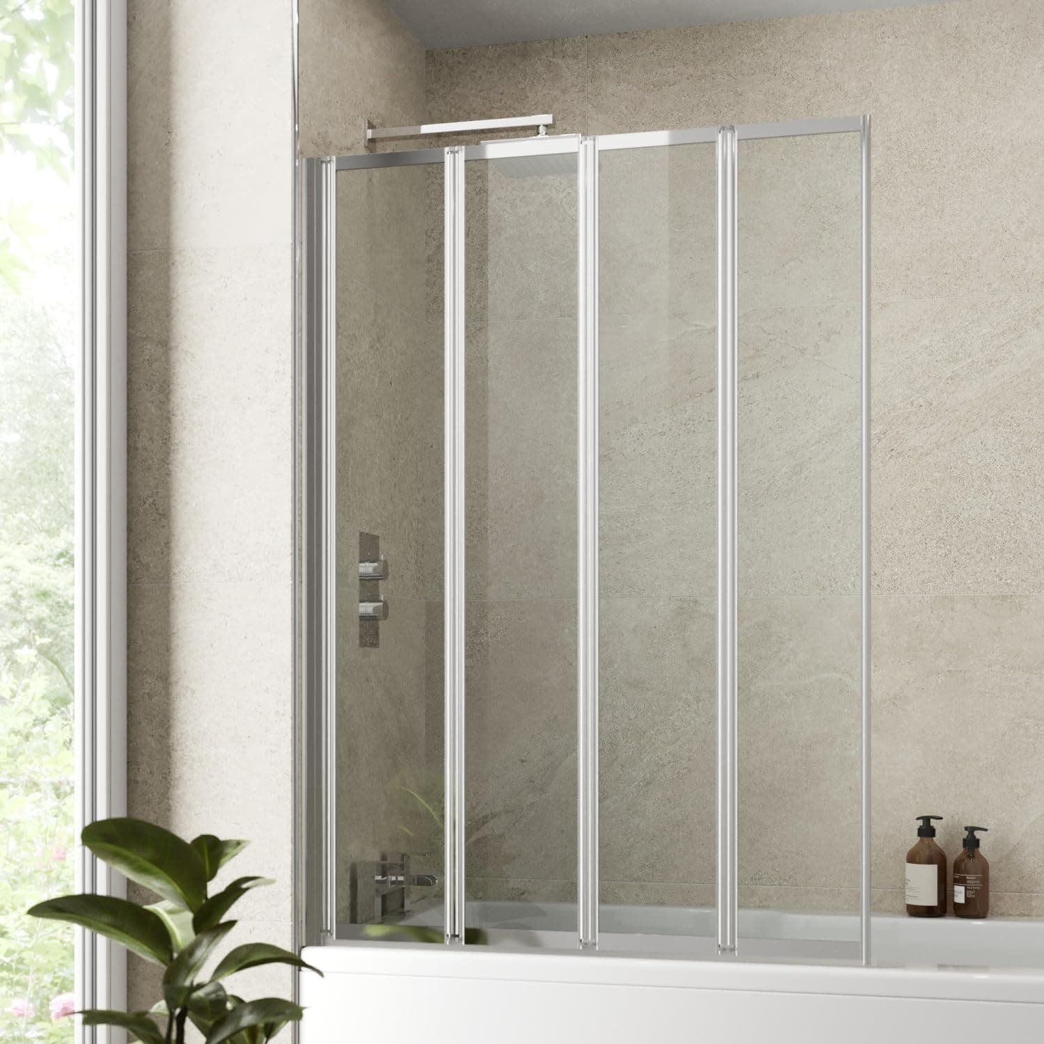 4 Panel 1400 x 1000mm Chrome Over Bath Shower Screen Folding Hinged Door Glass Panels & Screens for Baths, 4mm Toughened Safety Glass, 180° Pivot Swing, Reversible