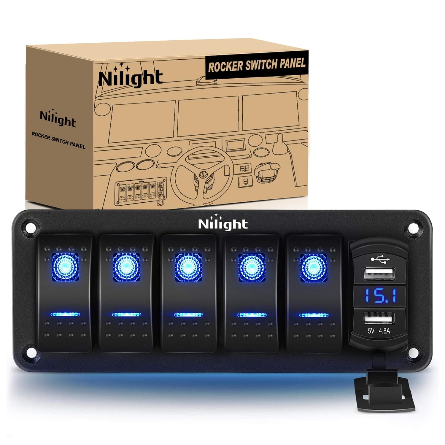 Nilight 5 Gang Rocker Switch Panel with 4.8 Amp Dual USB Charger Voltmeter Night Glow Stickers Waterproof 12V 24V DC for Car Trucks Boats RVs