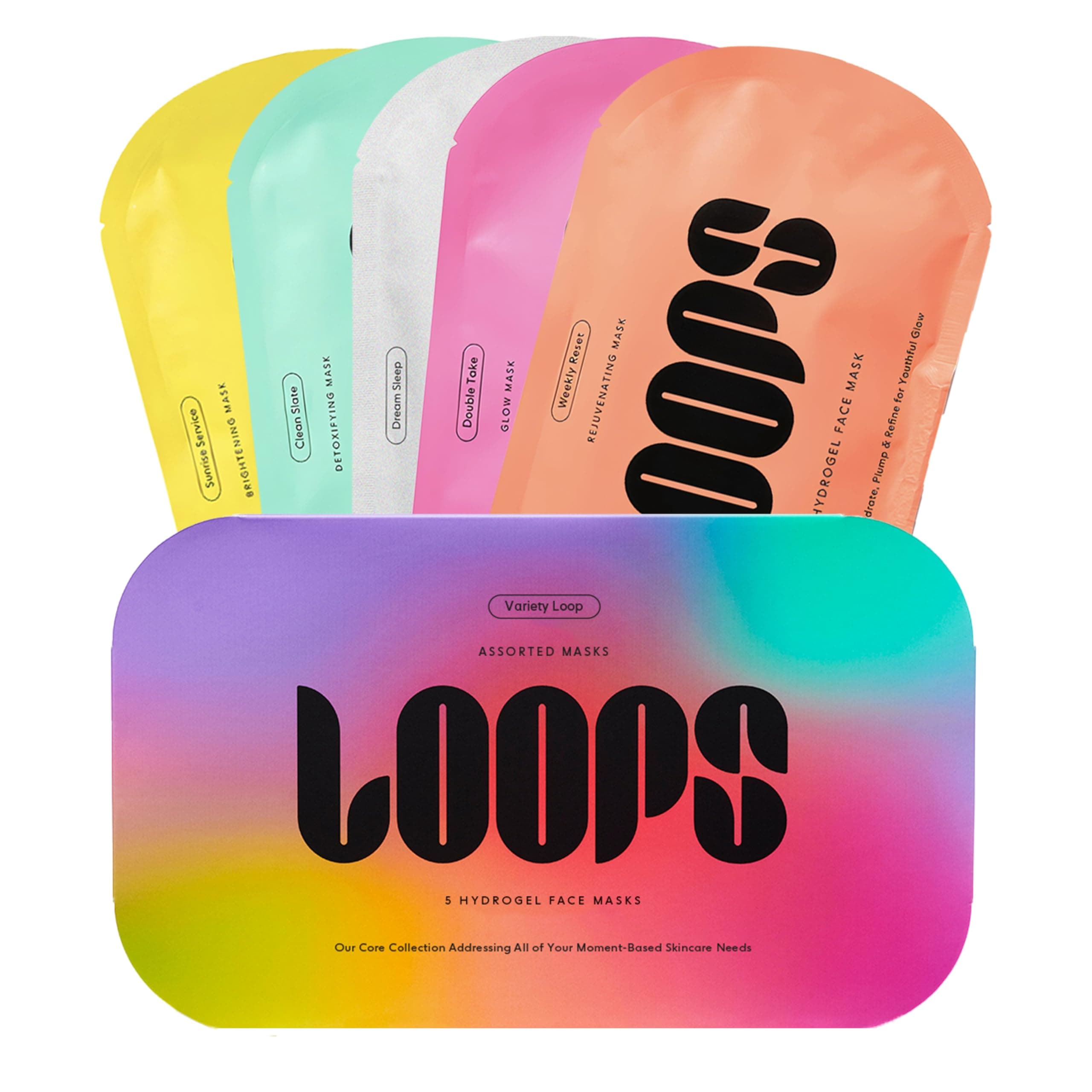 LOOPS VARIETY LOOP KIT - The Best Hydrogel Face Masks for Every Skin Moment - Loops Face Mask - 5 Masks for Hydrating, Detoxifying, Repairing, Soothing, and Rejuvenating - All Skin Types, 5pc