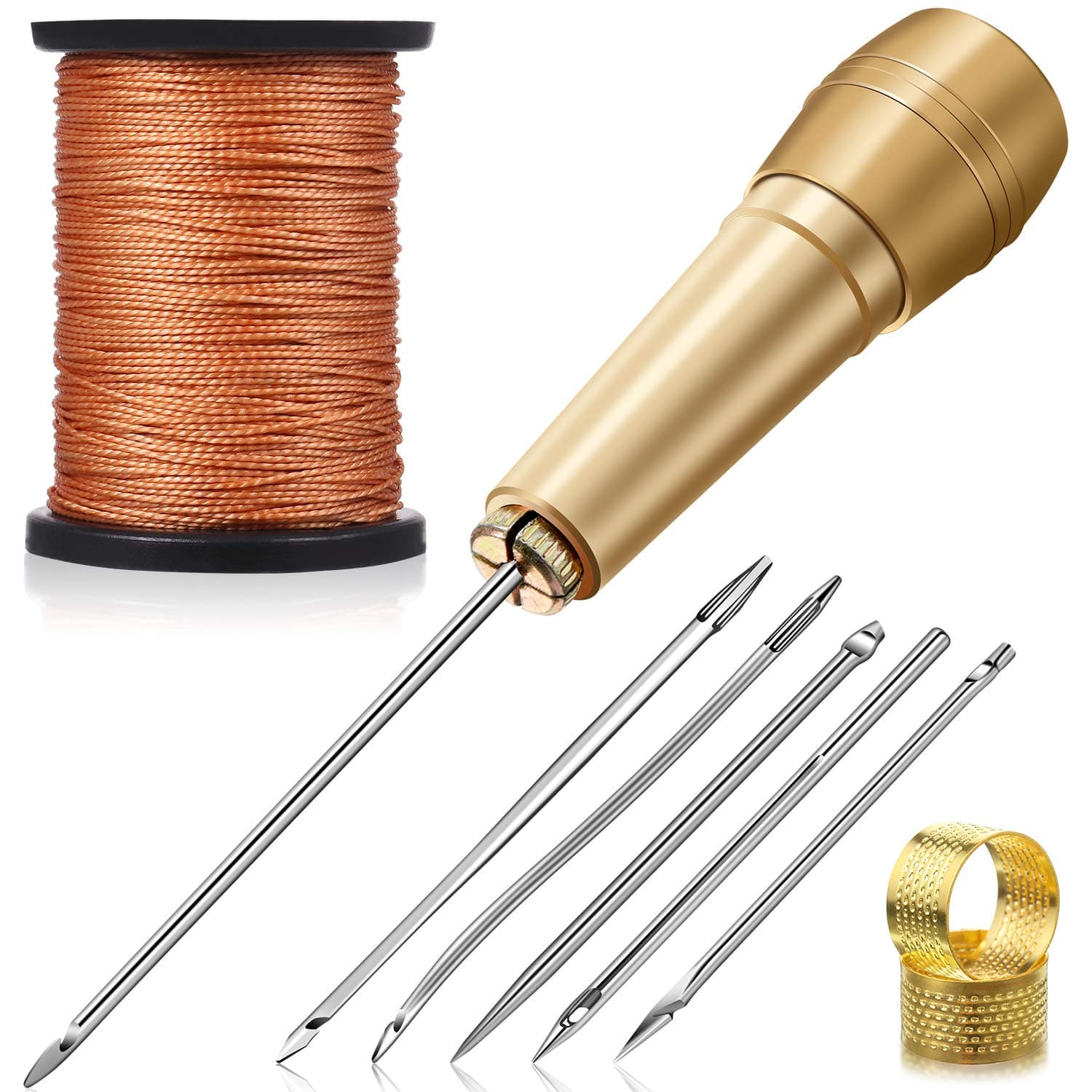 WILLBOND 6 Pieces Leather Sewing Awl Needle with Copper Handle, Upholstery Repair Kit 50 M Nylon Cord Thread and 2 Pieces Thimble for Handmade Leather Sewing Tools Shoes and Repair