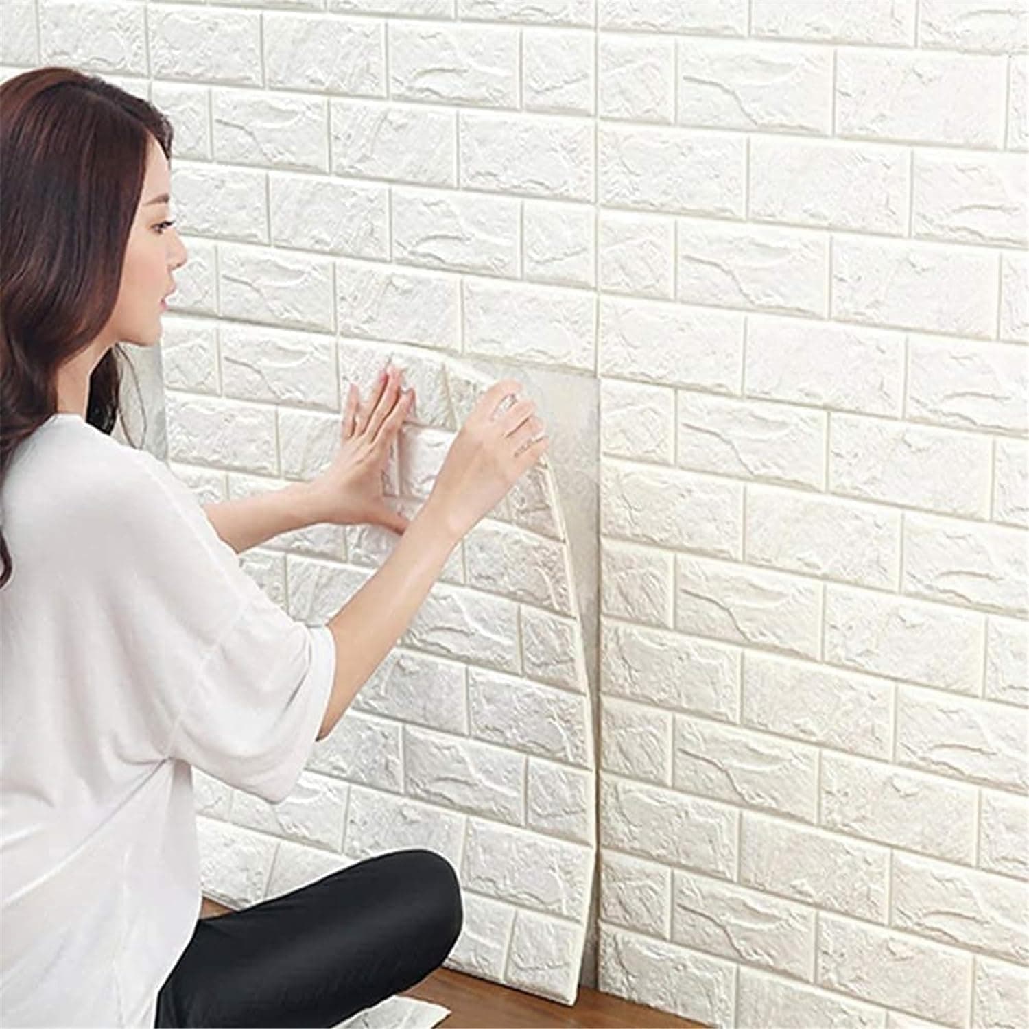 3D Wall Panels, 35 x 38 cm, 10 Pieces Self-Adhesive Wallpaper, DIY Brick Wallpaper, 3D Wall Panels for Kitchen, Bedroom, Living Room, TV Background, Games Room (White)