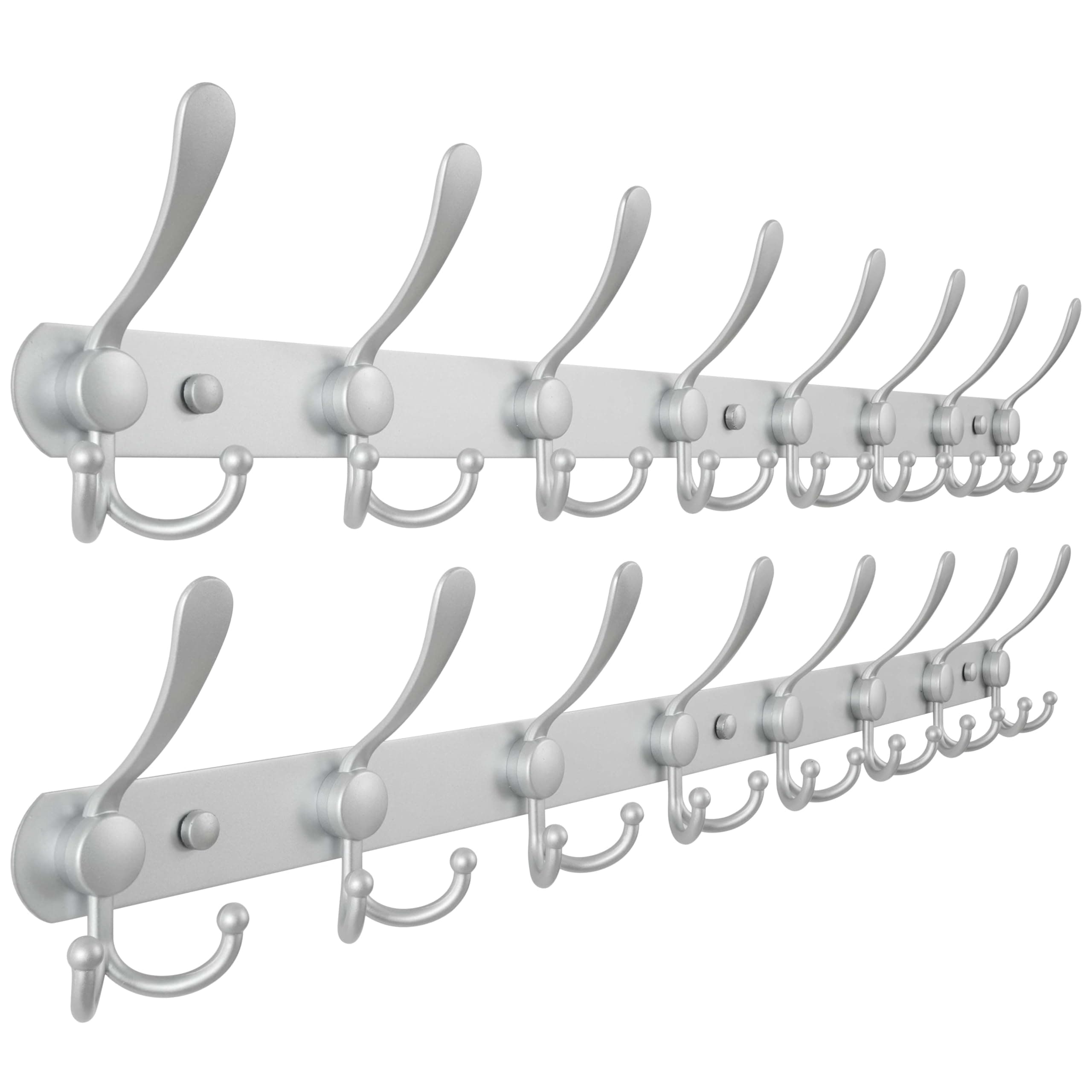 Dseap Coat Rack Wall Mount - 29.5” Long 8-Tri-Hooks Heavy Duty Coat Hanger Rail Wall Hooks for Hanging Coats Hats Clothing Clothes Purse Mudroom Entryway, Silver, Pack of 2