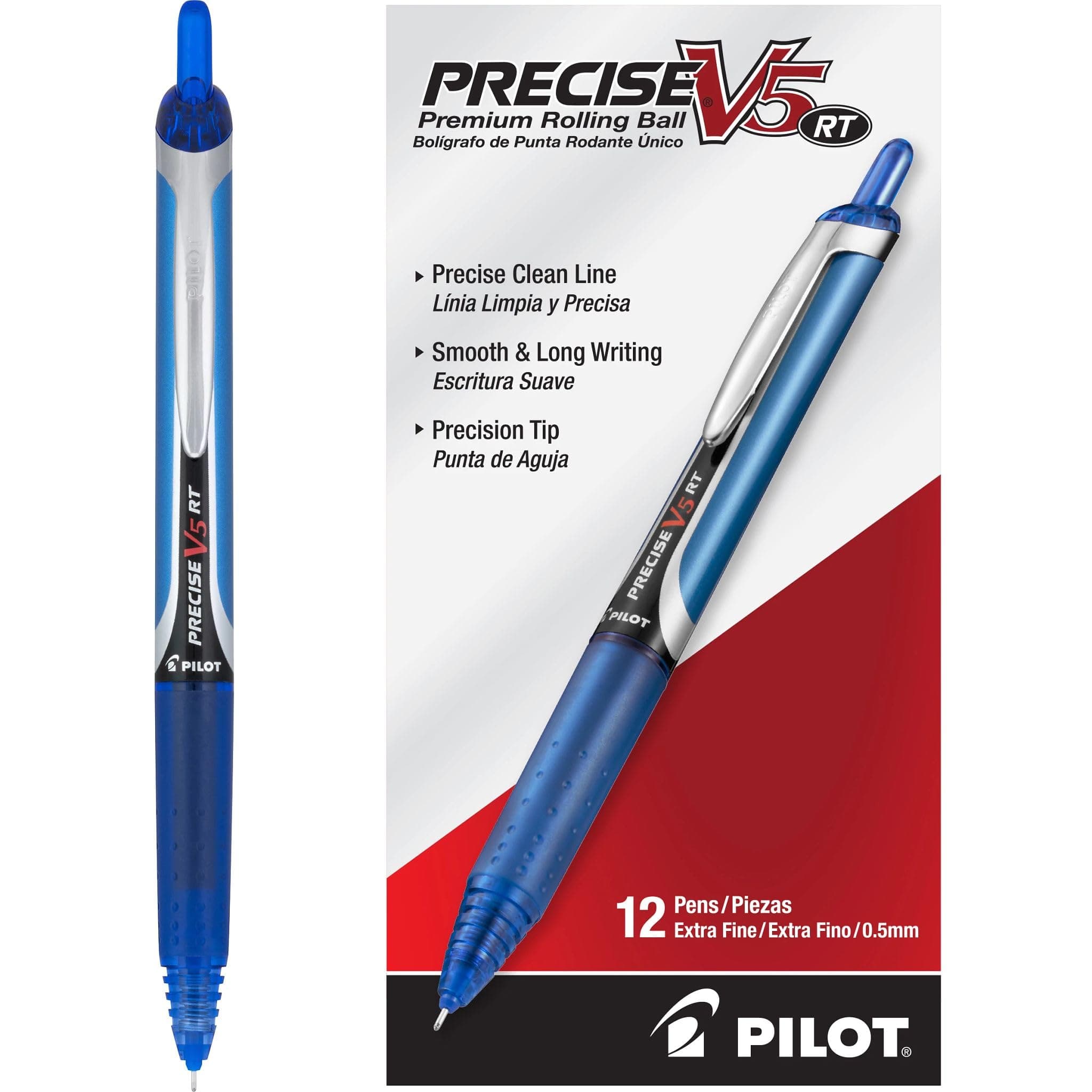 Pilot Precise V5 RT Refillable & Retractable Rollerball Pens, Extra Fine Point Pens 0.5 mm, Blue, Pack of 12 - Ideal for School, Journaling & Office Writing