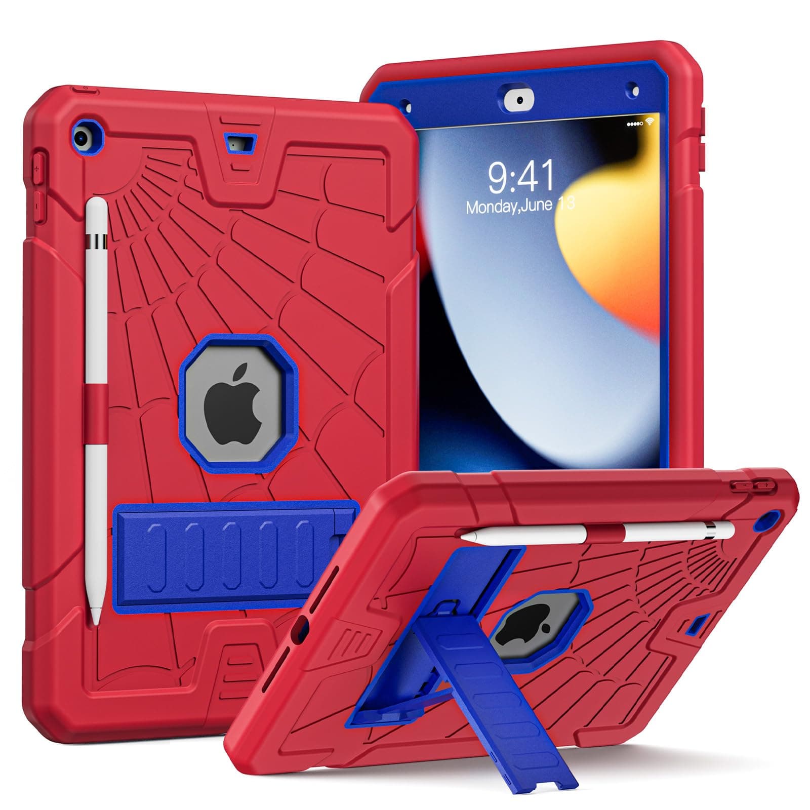 HerizeNew iPad 10.2 Case 9th/8th/7th Generation for Kids Boys Girls | Protective 10.2 inch iPad Case 2021/2020/2019 with Pencil Holder | Shockproof iPad Case 10.2 with Kickstand-Blue & Red