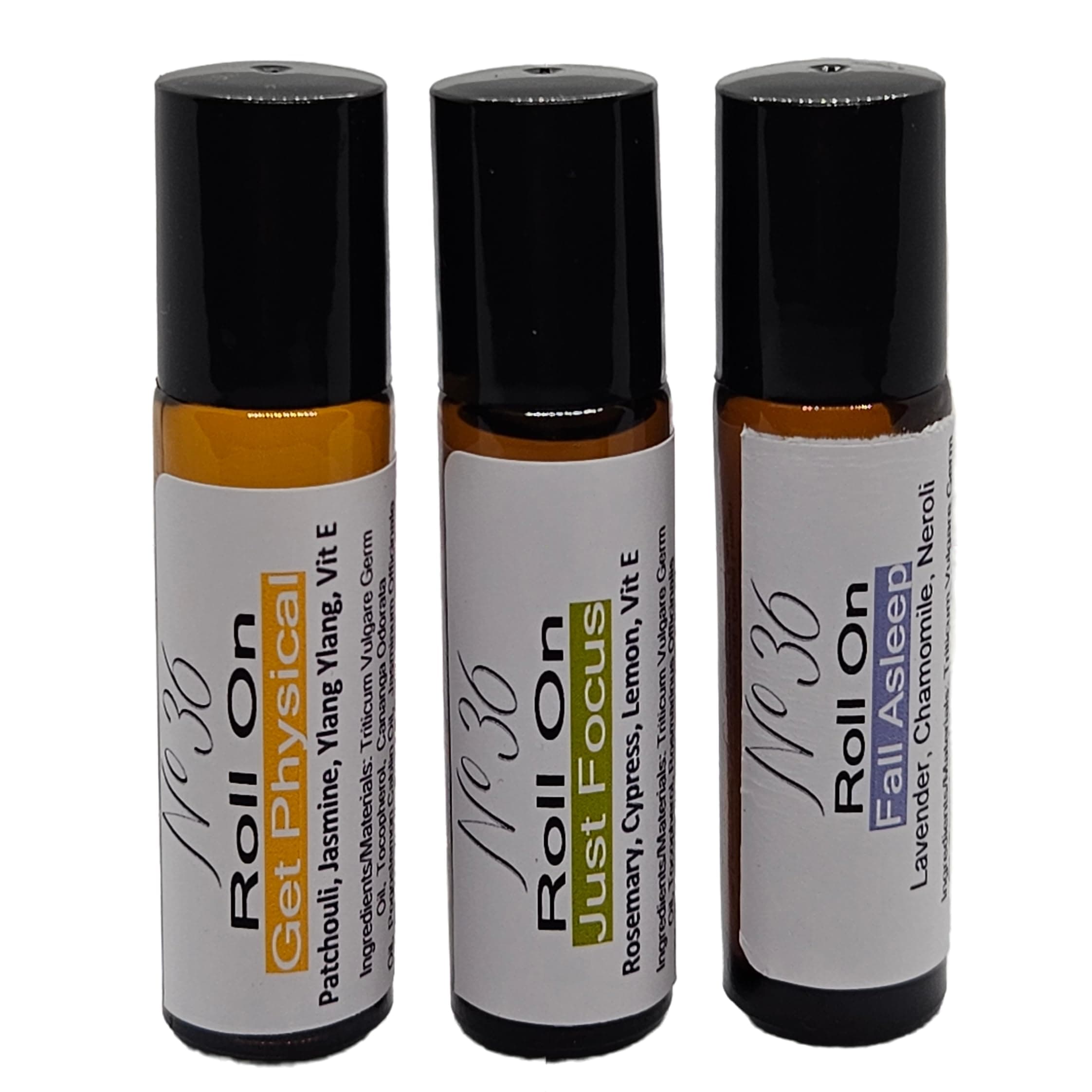 Aromatherapy Essential Oil Roll-Ons, Fall Asleep, Just Focus, Get Physical Blends, 3 Blend Variety Pack by No36, Rollers, Relaxation roll-on, Stress Relief roll-on, Sleep aid roll-on, Calming Roll-on