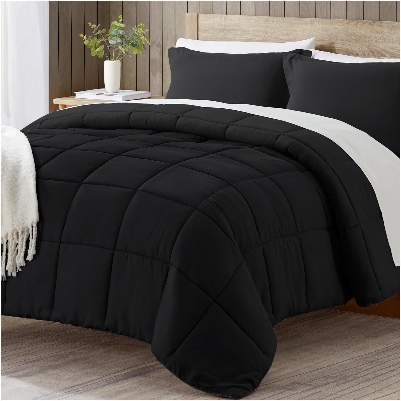 satisomnia King Comforter Set Black, Lightweight Comforters King Size Bed, Soft Breathable Down Alternative Bed Comforter Set, Solid All Season 3Pcs King Bedding Set with 2 Pillow Shams