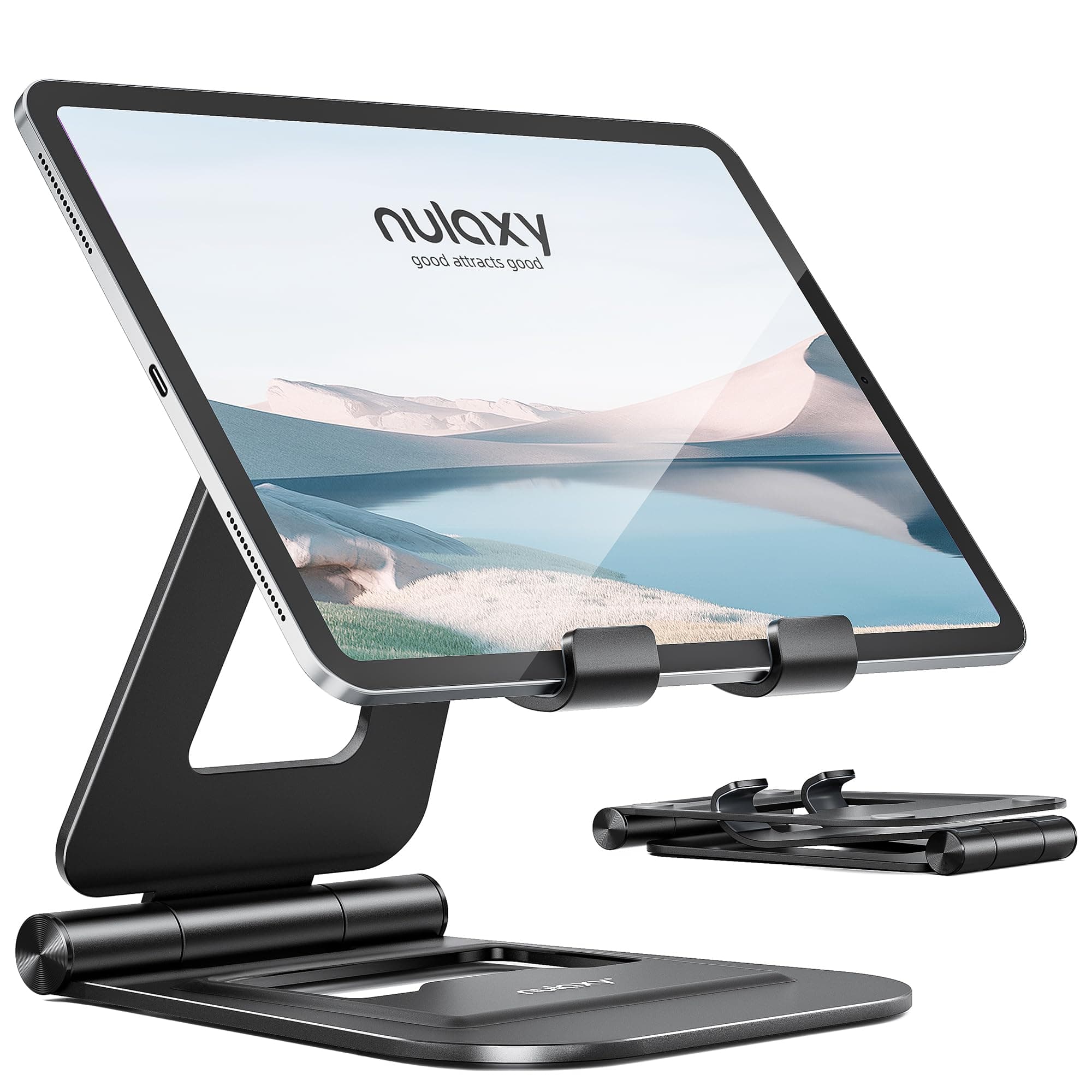 Nulaxy Aluminum Tablet Stand for Desk, Foldable Adjustable Desktop Tablet Stand Holder, iPad Accessories for Office Compatible with iPad Air/Mini/Pro 11/12.9/10.2, All 4-11'' Mobile Devices, Black