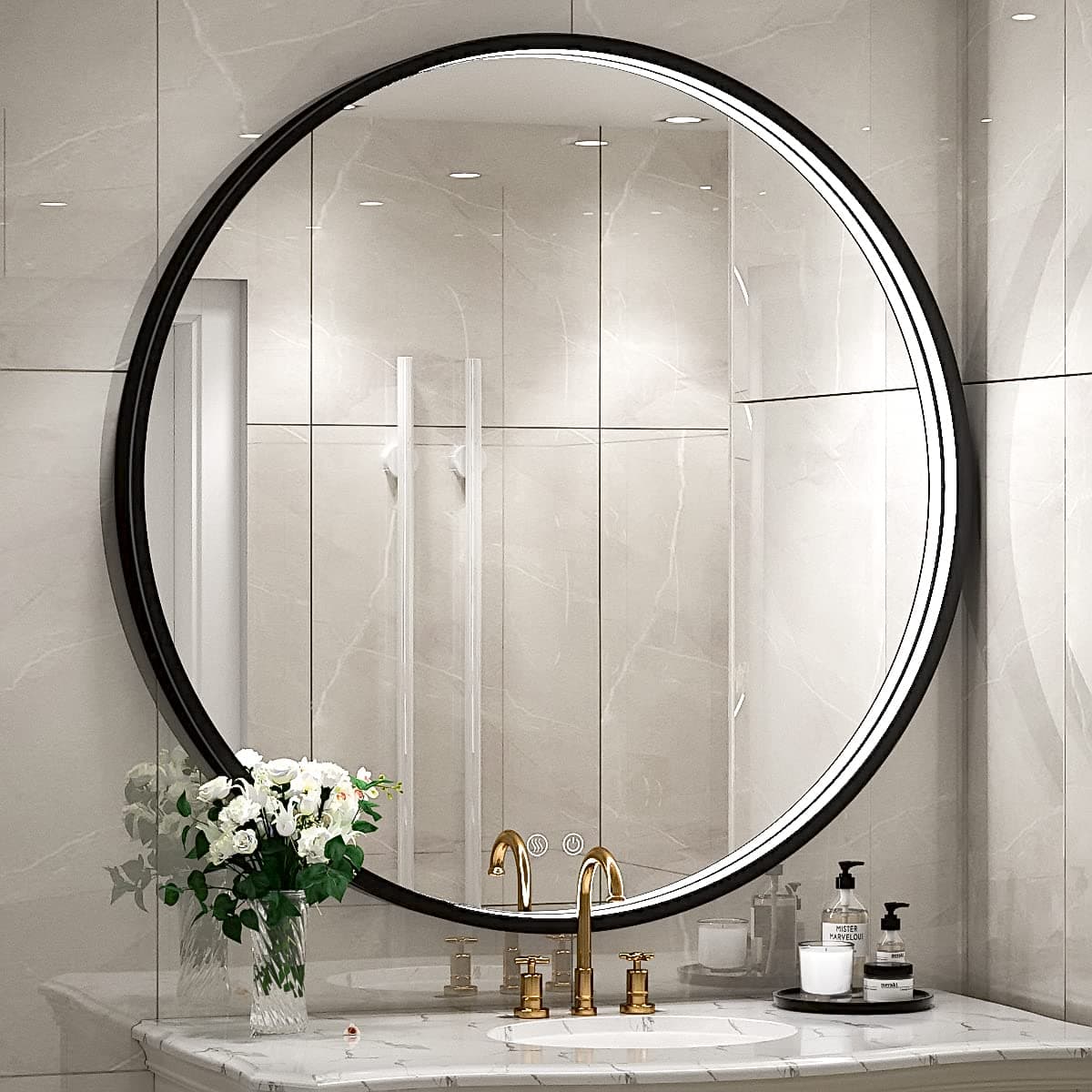 LED Round Mirror with Light, 32-inch Black Frame Wall Mounted Vanity Mirror, Dimable Modern Batchroom Smart Mirror with Anti-Fog Buiilt in Touch Smitch