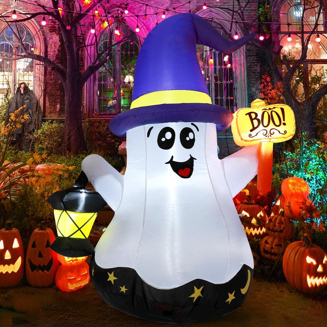 GOOSH Halloween Inflatable White Ghost with Hand-held LED Light for Outdoor Yard Decoration (5 Foot, White, Lighted)
