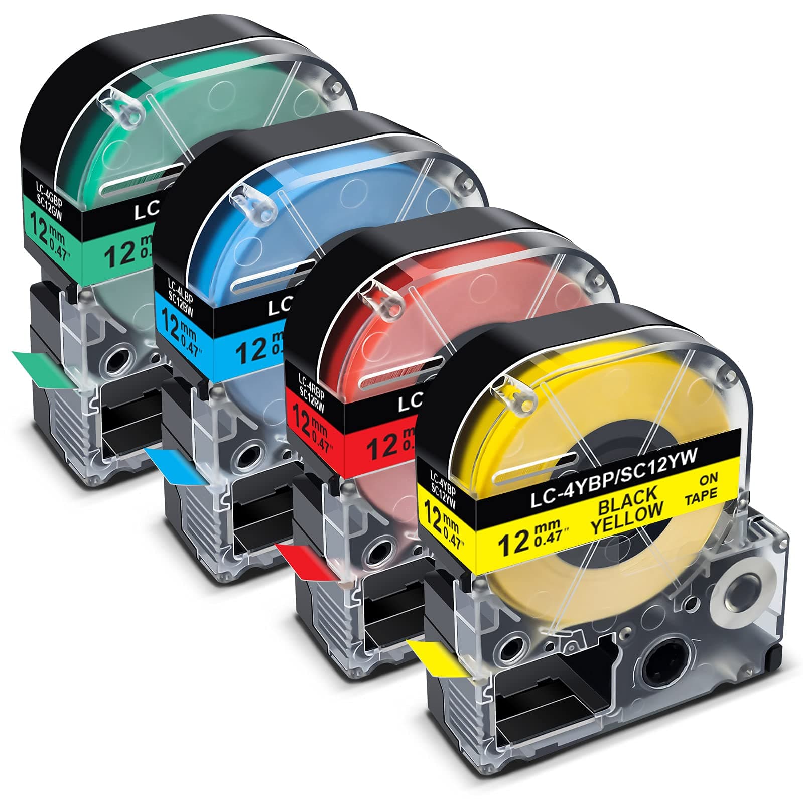 Compatible Label Tape Replacement for Epson 12mm 1/2" Color Tapes LK-4RBP LK-4YBP LK-4LBP LK-4GBP Work with Epson LabelWorks LW300 LW400 LW600P LW700, Black on Red/Yellow/Blue/Green, 4 Pack