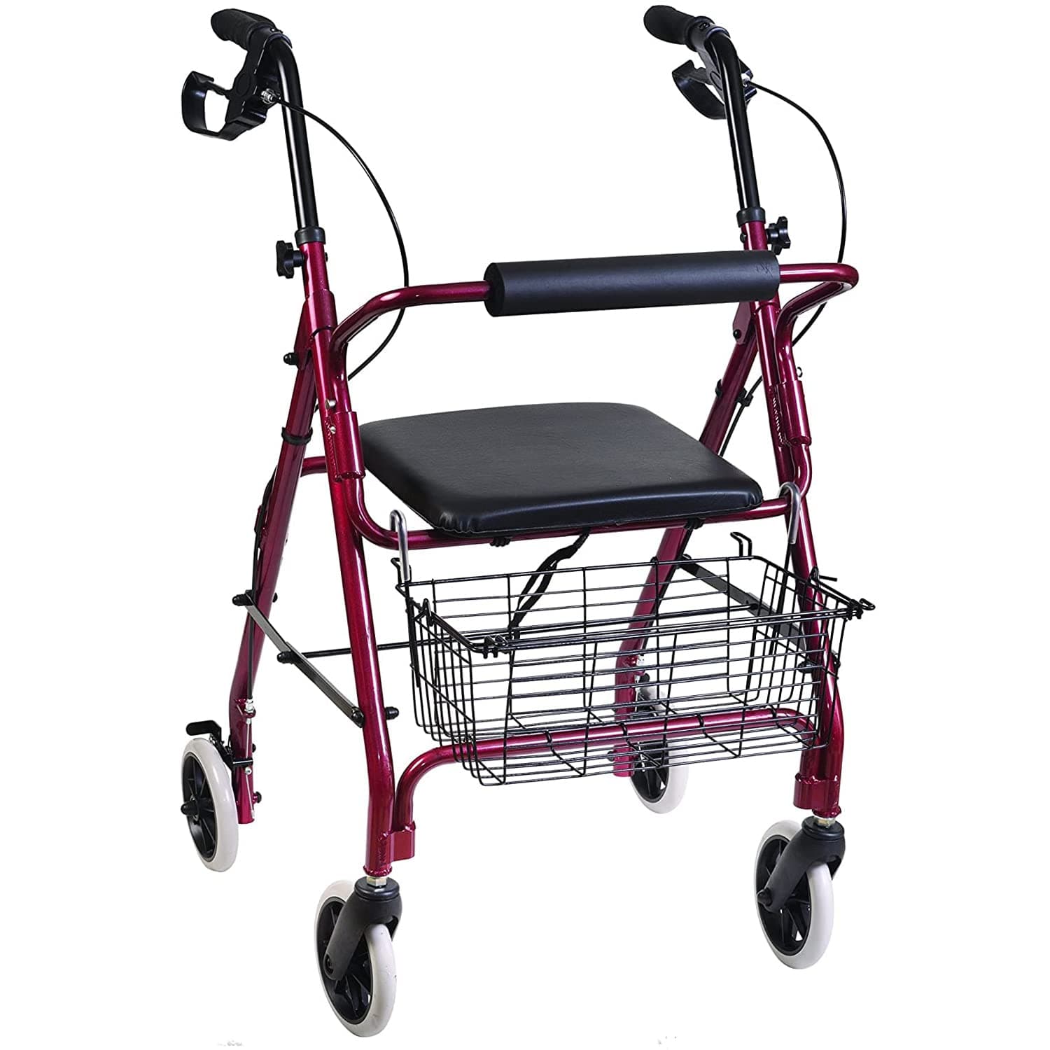 Ultra Lightweight Folding Aluminum Rollator Walker with Adjustable Handle Height, FSA and HSA Eligible, Cushioned Flip Up Seat and Convenient Storage Basket, Burgundy