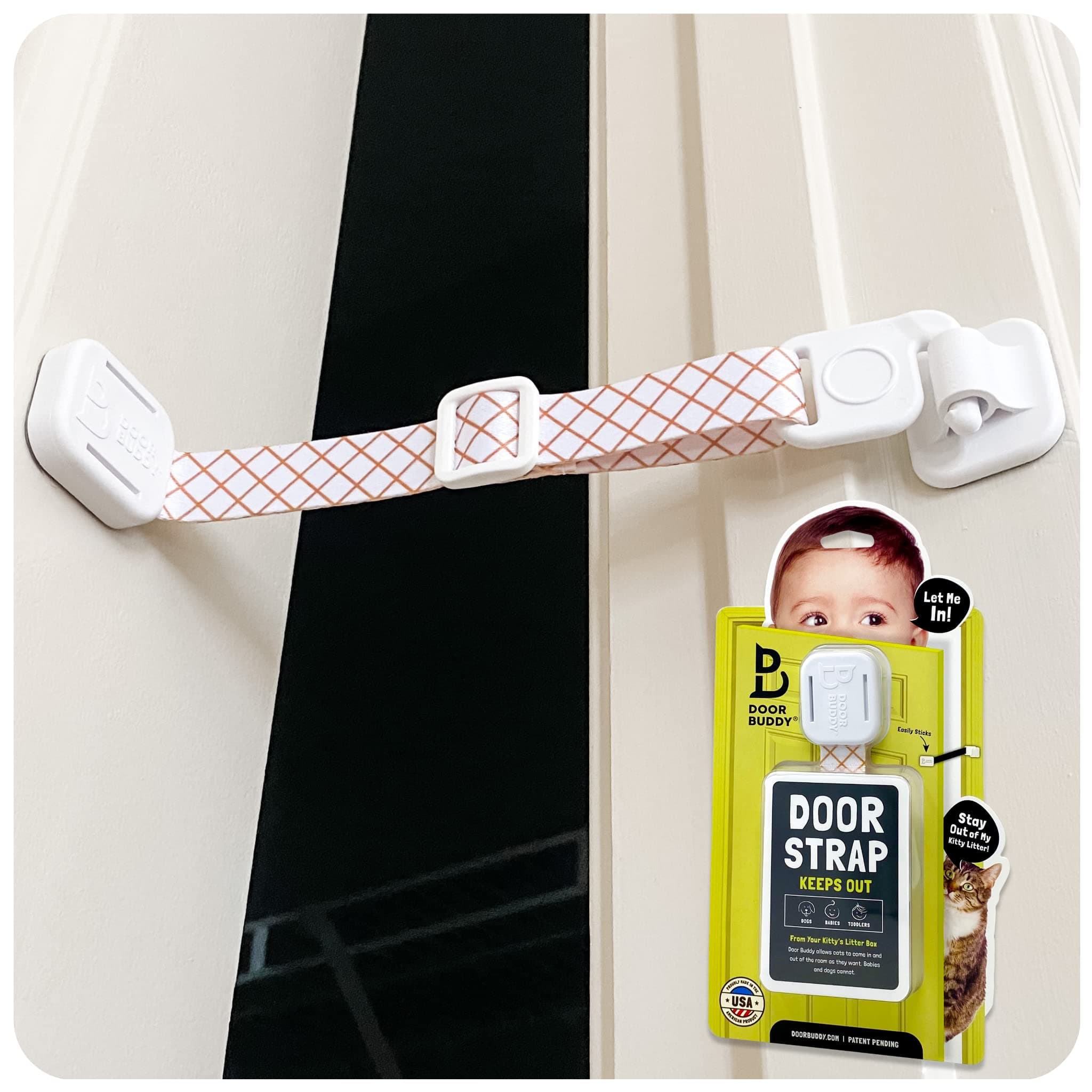 Door Buddy Child Proof Door Lock with Adjustable Strap. No Need for Baby Gate with Pet Door. Baby Proof Door to Litter Box Room. Cats Enter Easily. Installs in Seconds and is Simple to Use. (Caramel)