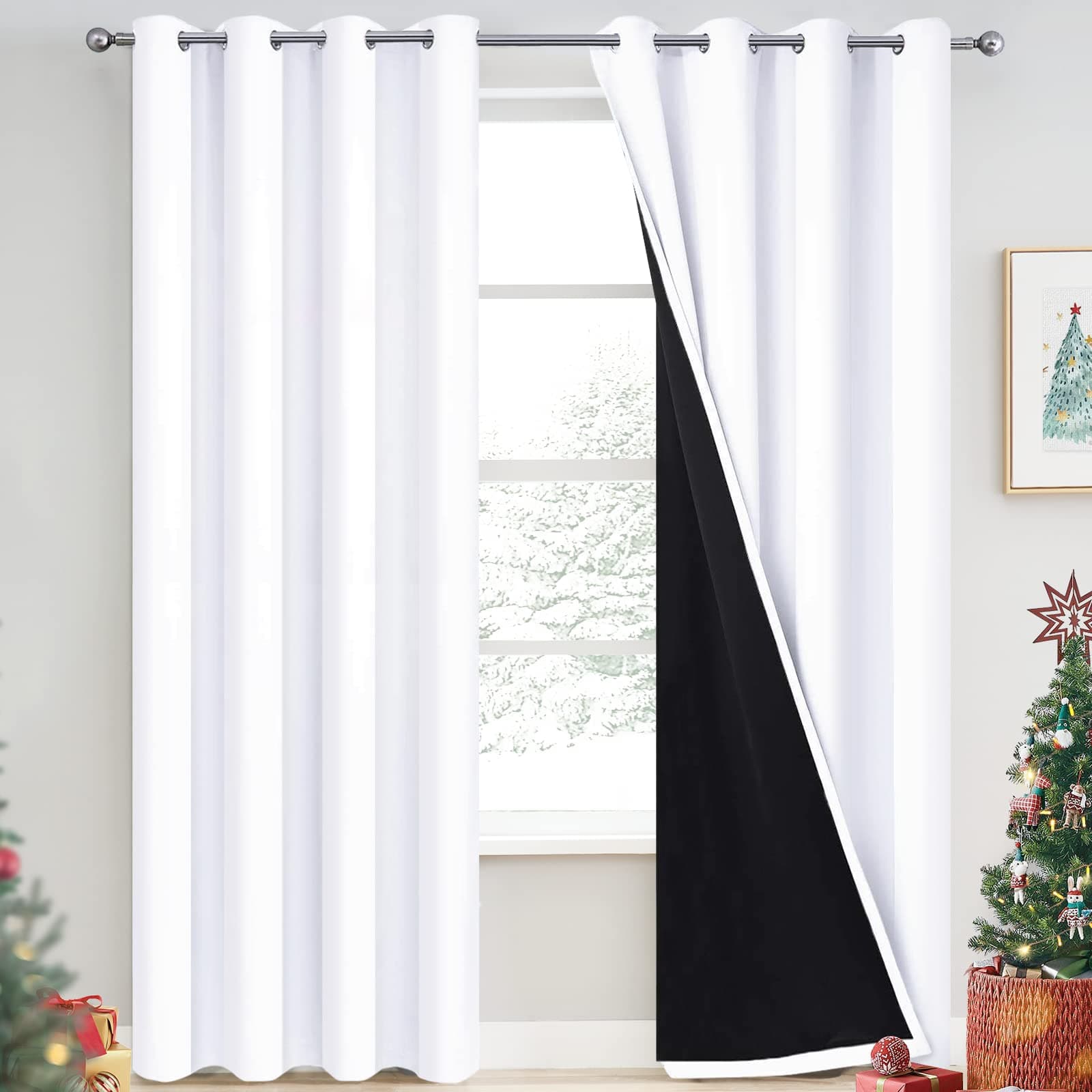 Yakamok 2 Thick Layers Pure White 100% Completely Blackout Curtains Thermal Insulated Room Darkening Drapes for Bedroom(52Wx84L, Pure White, One Pair)