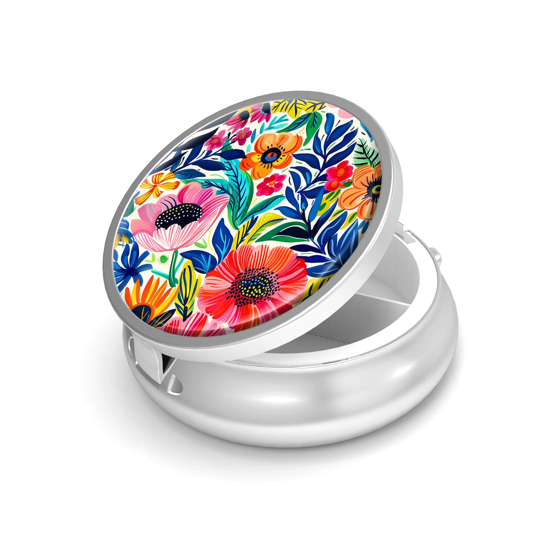 Pill Box-3 Compartment Small Pill Case for Purse & Pocket Mini Metal Pill Holder Travel Pill Container to Hold Supplements Vitamins BPA-Free (Garden Flower)