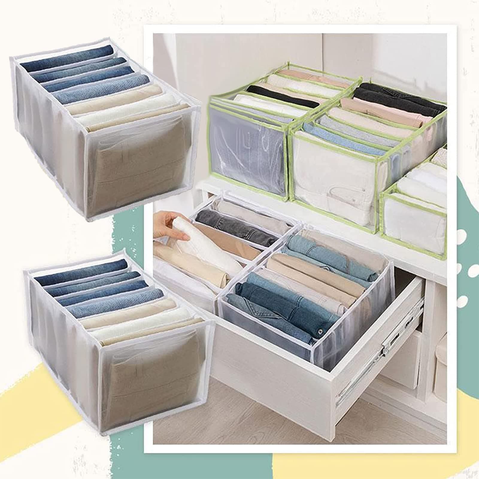 Wardrobe Clothes Organizer（2pcs） - Foldable Visible Grid Storage Box with Multiple Layers, Portable Washable Storage Containers for Underwear, Socks, Scarves, Leggings, Skirts, T-shirts, Jeans