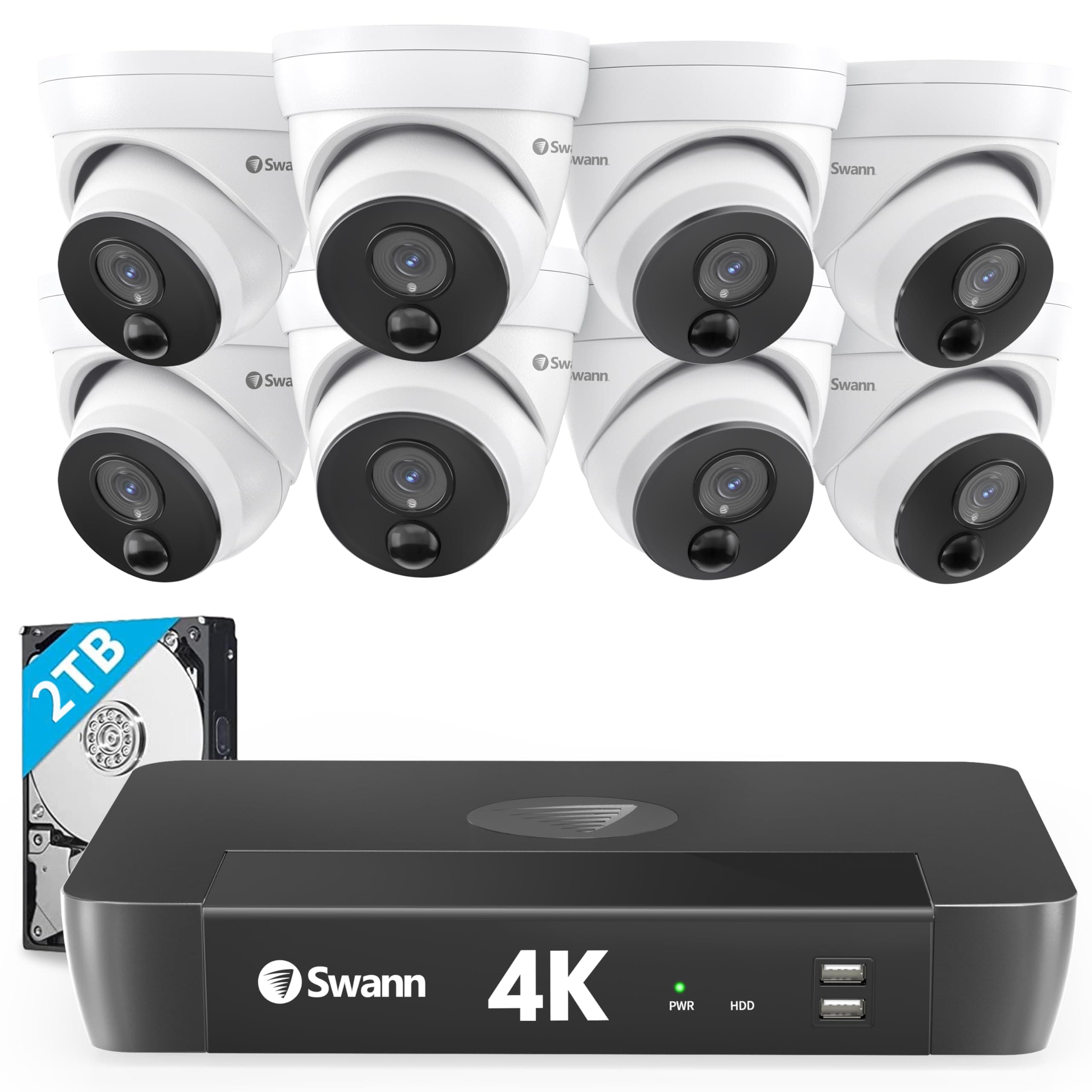 Swann Home NVR Dome Security Camera System with 2TB HDD, 8 Cam 8 Channel, 4K HD, PoE, Indoor & Outdoor Wired Surveillance Security Cameras, Color Night Vision, Heat Motion Detection, LED Light