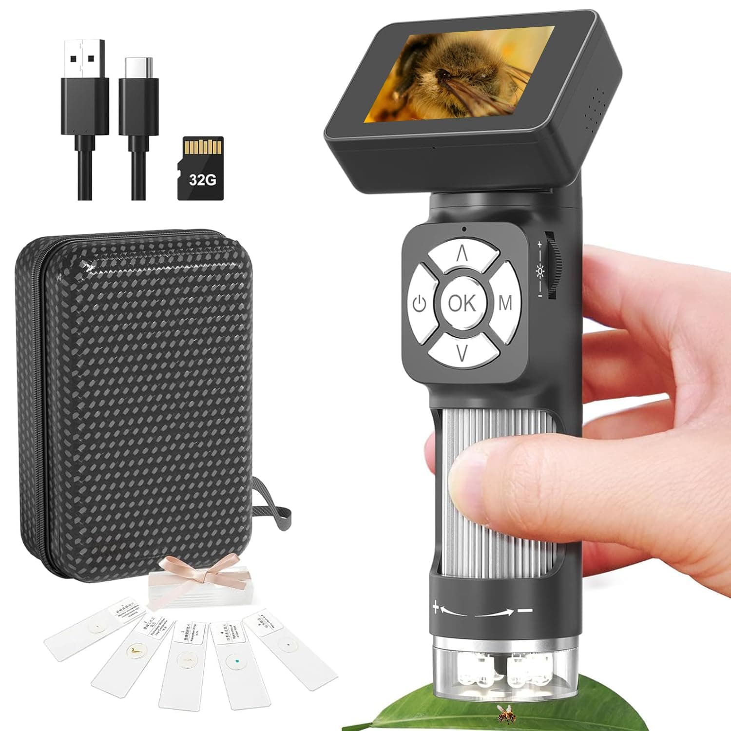 MasrooAD112 Portable Pocket Microscope Kit for Kids and Adults with 2" LCD Screen, Mini Handheld Digital Microscope 500X with 8 Adjustable LED Lights, Windows PC Compatible, 32GB SD Card Included