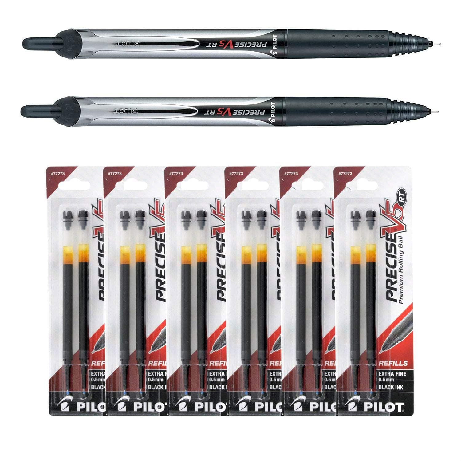 Pilot Precise V5 Rt, 2 Pens 26062 with 6 Packs of Refills, Black Ink, 0.5mm X-fine
