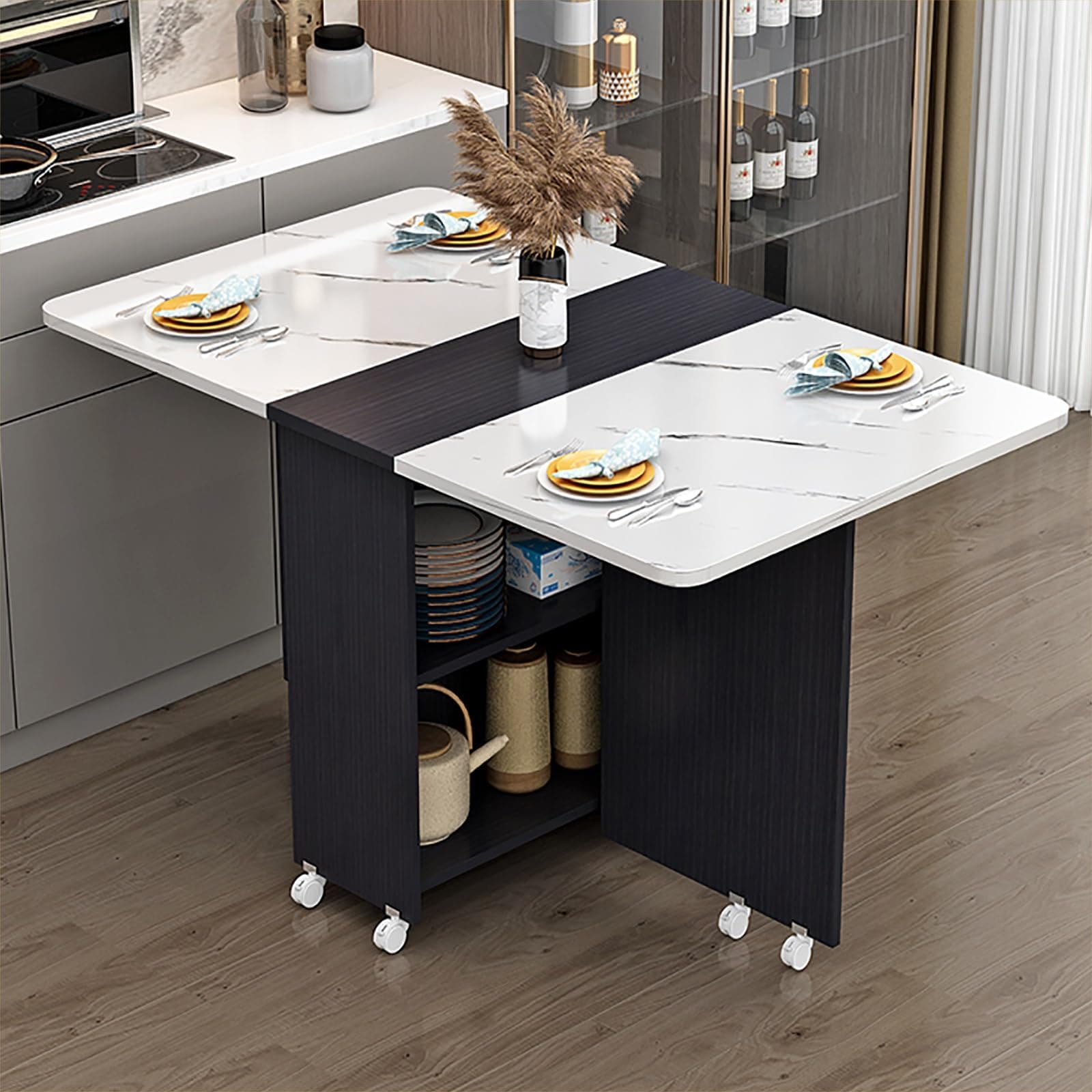 Folding Dining Table on Casters Retractable Dining Table Extendable Dining Table Seats 4-6 Movable Extendable Kitchen Table Kitchen Table Dining Table gateleg Table Space Saving (Color : A, Size : L