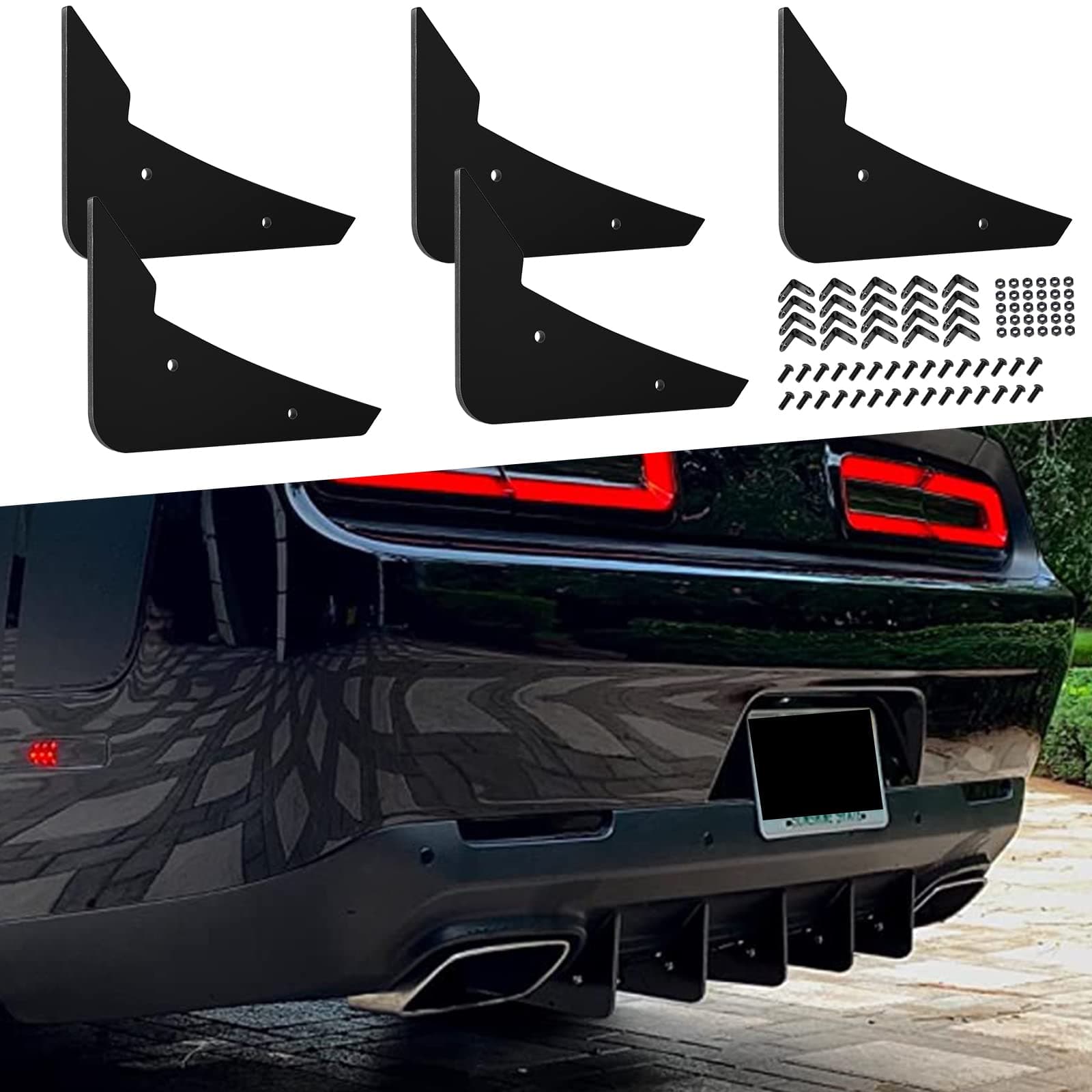 Sunluway Rear Diffuser 5 Fins V3 Set For Dodge Challenger 2015-2024 Stock Rear Bumper, Black Aluminum-Plastic Compound
