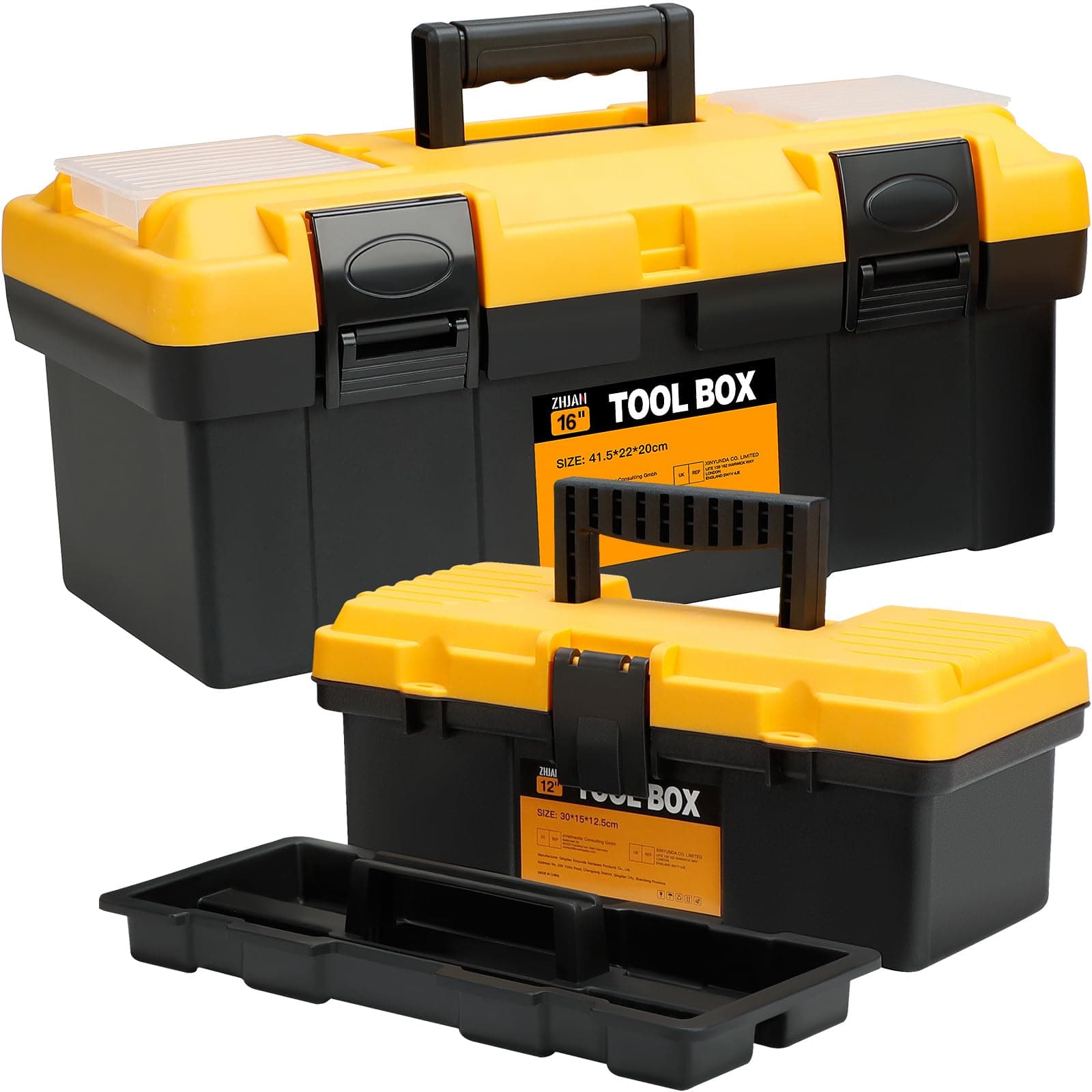ZHJANPlastic Tool Boxes Set(16-Inch & 12-Inch),Multi-Function Portable Storage Boxes,Lock Secured/Tray/Dividers,Tool box Suitable for Professional Maintenance Workers and Home