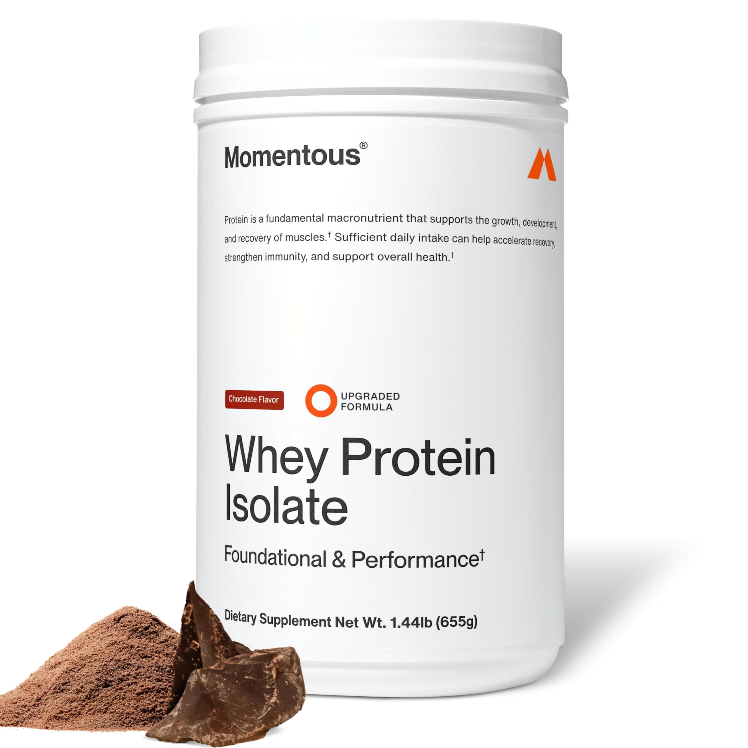 - Momentous Essential Grass-Fed Whey Protein Powder – 20 g Whey Isolate Protein – NSF Certified for Sport – Gluten-Free – 25 Servings for Essential Everyday Use – Chocolate – Net WT 1.44 LB (655 g)