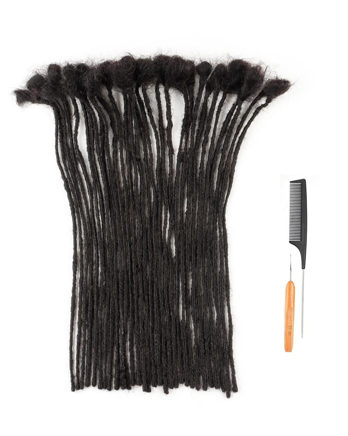 0.2cm Width 8 Inch 30 Strands 100% Human Hair Dreadlock Extensions for Men Women Kids Full Handmade Human Hair Loc Extensions Permanent Dread Extensions with Needle and Comb