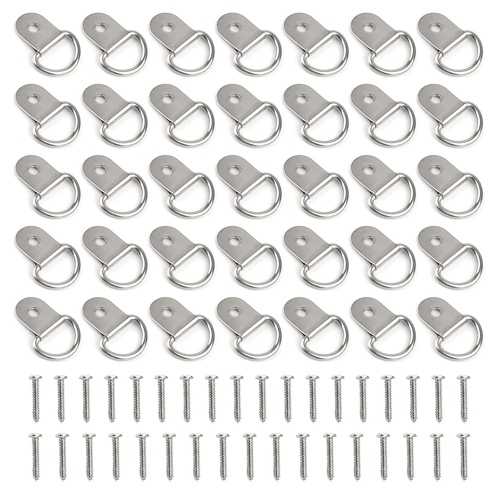 Hamineler 35 Pack Stainless Steel D-Ring Tie Down, Small Anchor Lashing D Ring with Stainless Steel Screws (Silver)