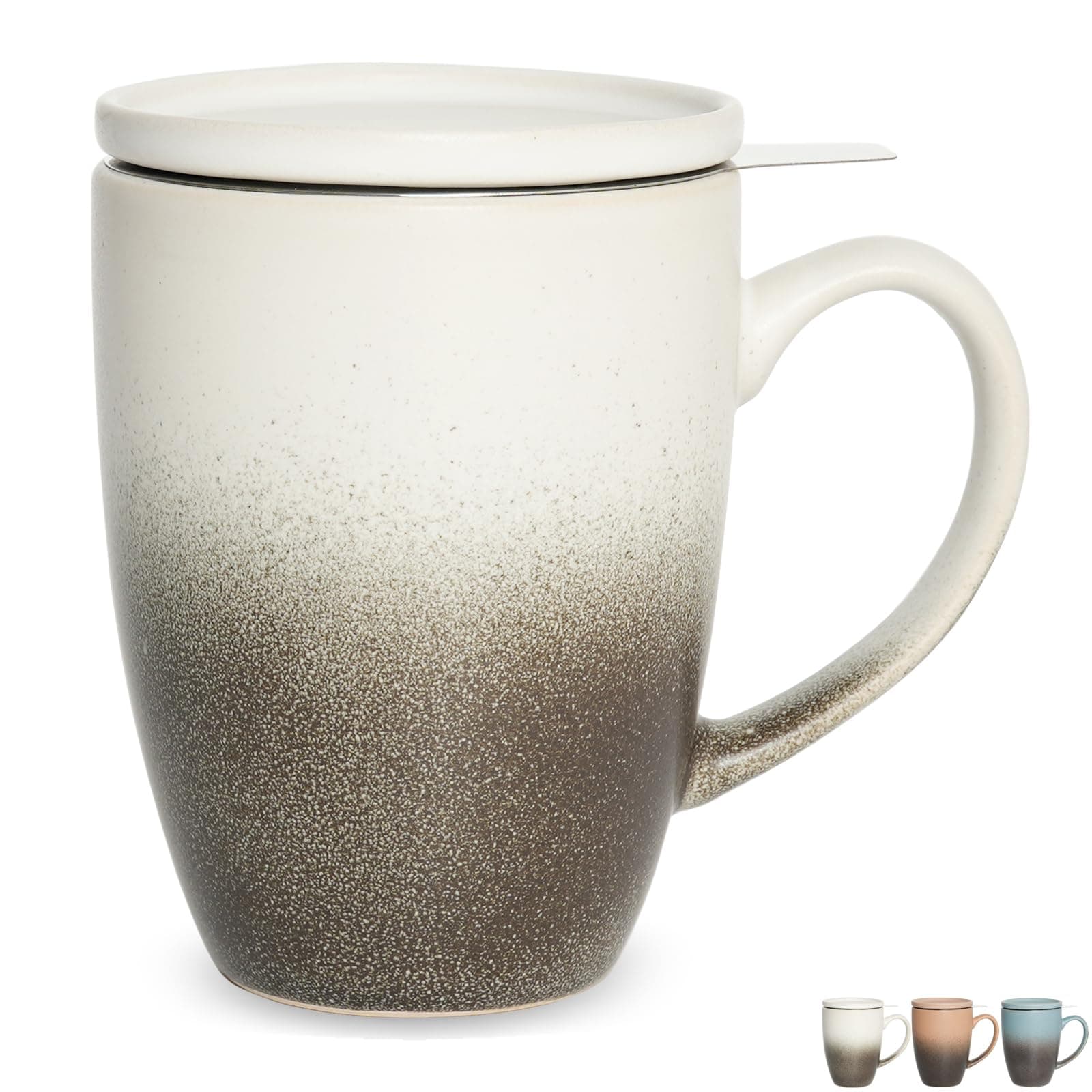 Matte Ceramic Tea Cup with Infuser and Lid, 13.5 Oz, Loose Tea Mug, Dishwasher and Microwave Safe (Grey White)