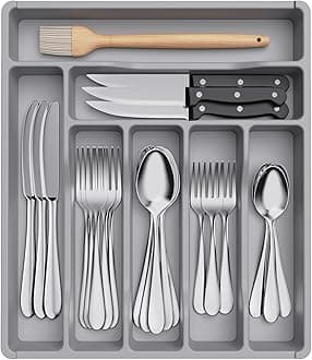 Lifewit Silverware Drawer Organizer Tray, Plastic Cutlery Storage for Kitchen Drawer, Flatware and Utensil Holder Divider for Spoons Forks Knives Tableware, 7 Compartment, Gray