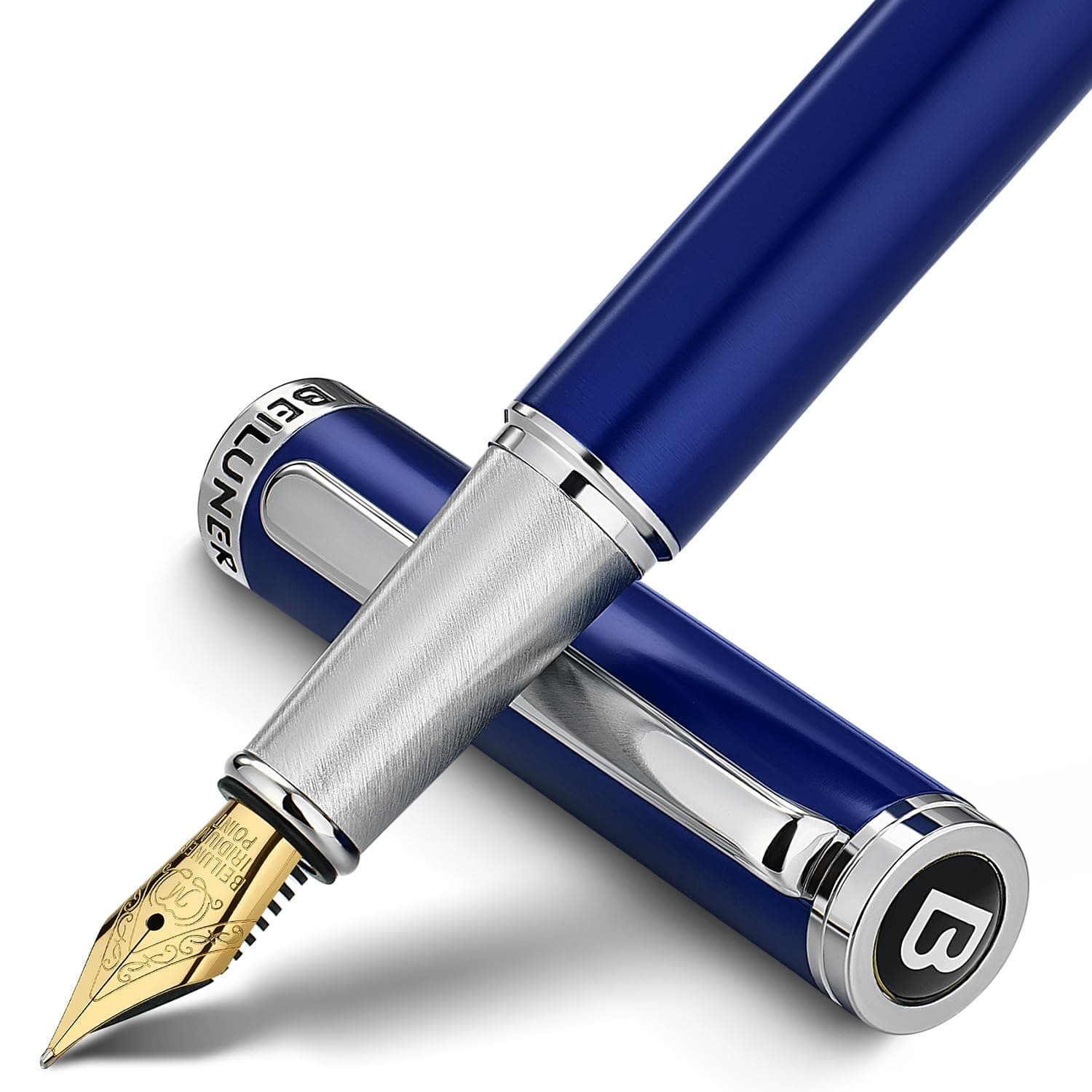 BEILUNER Luxury Fountain Pen Set,Solid 24K Gilded Medium Nib, Modern Classic Limited Edition -Includes 6 Ink Cartridges&Ink Refill Converter with Gift Case-Perfect for Men and Women(Charming blue)