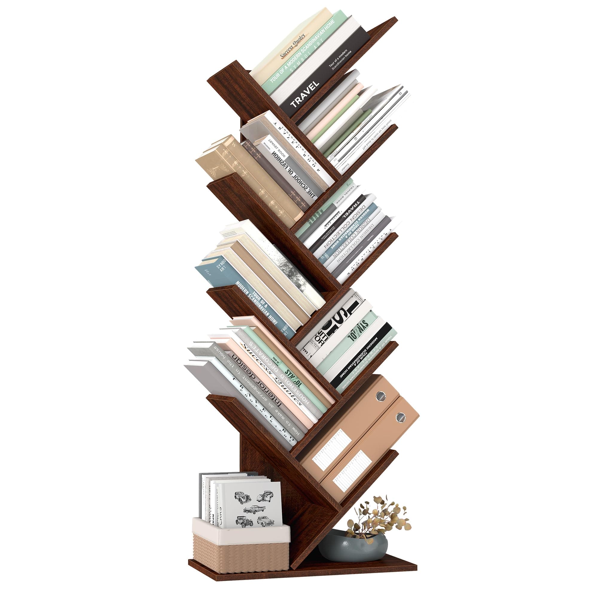 VASAGLE Tree Bookshelf, 8-Tier Book Tree, Small Bookshelf, Space-Saving Corner Bookcase, Holds Books, CDs, Games, for Bedroom, Living Room, Walnut ULBC11BY