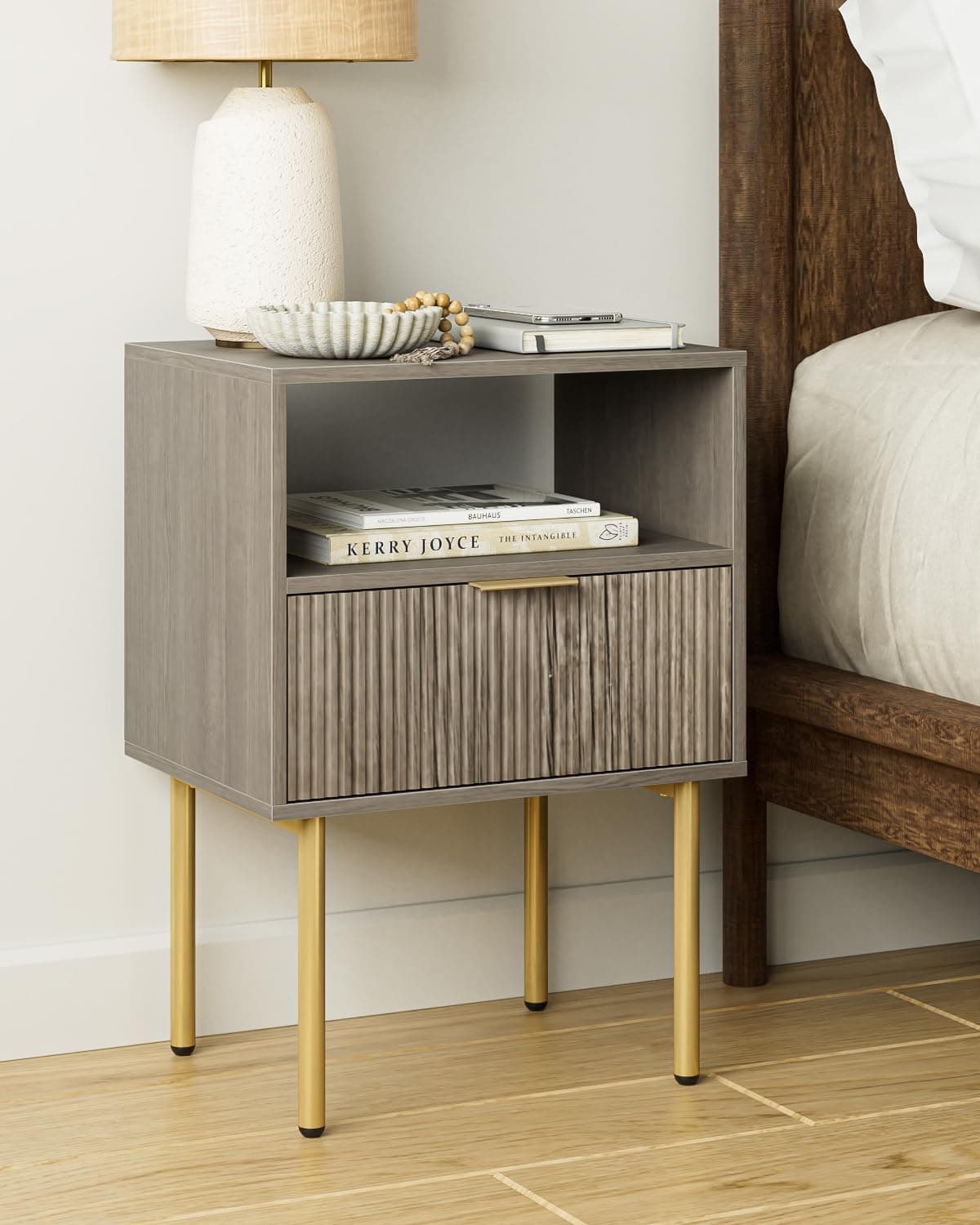 Nightstand,Morden Bedside Table with Gold Frame,Small White Night Stand,End Table,Bedside Furniture,Side Table with Drawer and Shelf for Bedroom,Living Room (1Drawer, Grey)