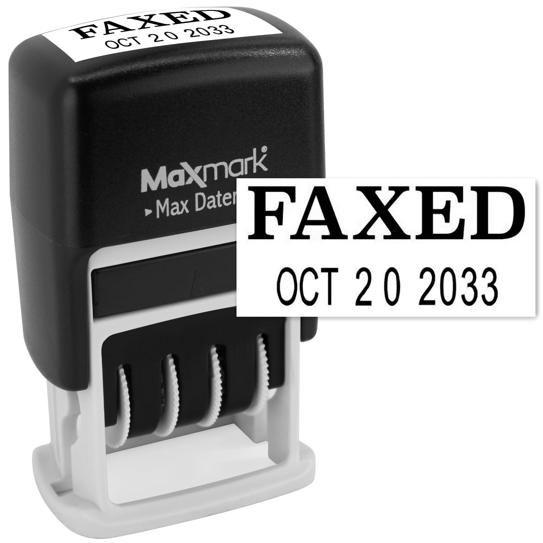 MaxMark Self-Inking Rubber Date Office Stamp with FAXED Phrase & Date - Black Ink (Max Dater II), 12-Year Band