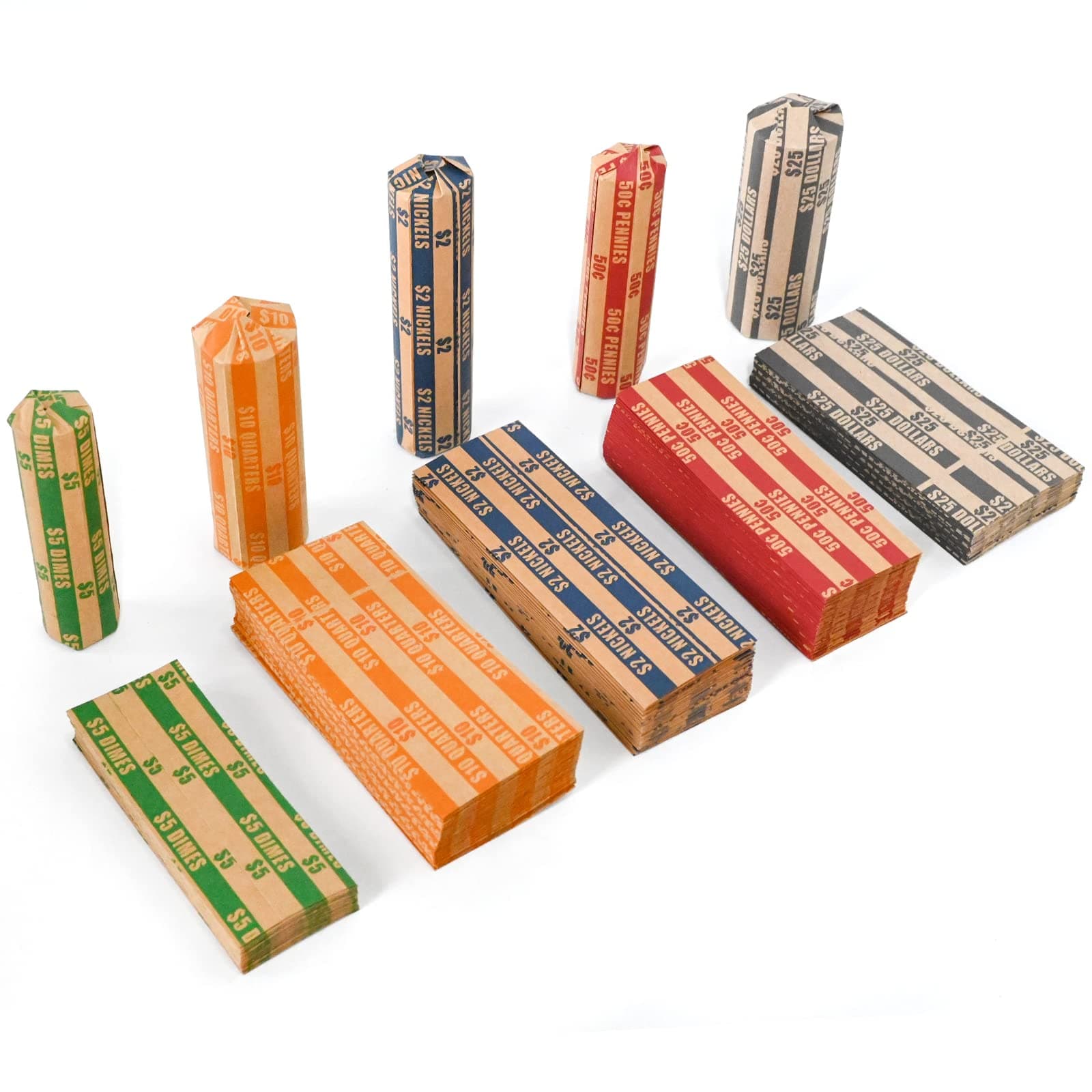 L LIKED 175 Assorted Bundle Flat Striped Coin Wrappers (50 Pennies, 50 Quarters，25 Nickels，25 dimes and 25 Dollars)