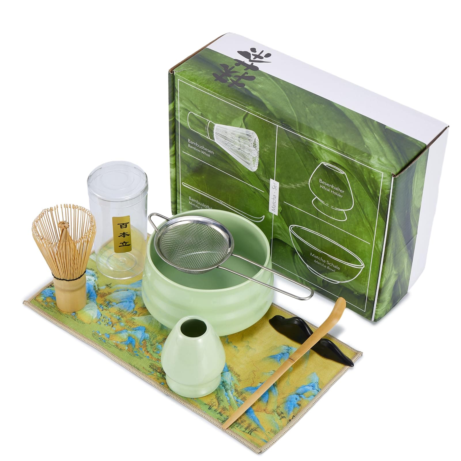 Nekit Matcha Whisk Set, Japanese Matcha Tea Set 7Pcs, Include Matcha Bowl,Bamboo Matcha Whisk (chasen), Scoop (Chashaku), Whisk Holder,Stainless Steel Tea Sifter,Tea Making Kit