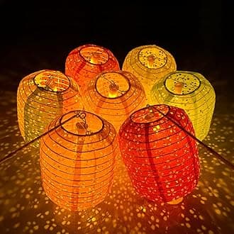 12Pcs Paper Lanterns Chinese Japanese Colorful Hanging Paper Lanterns with LED Lights 8inch Oval Decorative Asian Lanterns Lamps with Tassel Stick for Wedding Birthday Festival Party Decorations