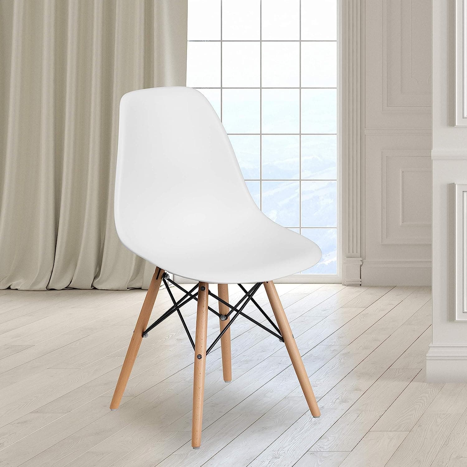 SKY-TOUCH Modern Dining Chair Dining Side Chairs set of 1, Simple Office Chair, Lounge Shell Chair with Folding Wood Legs and Plastic Seat, for Kitchen, Dining, Bedroom, Living Room,White,40*40*82cm