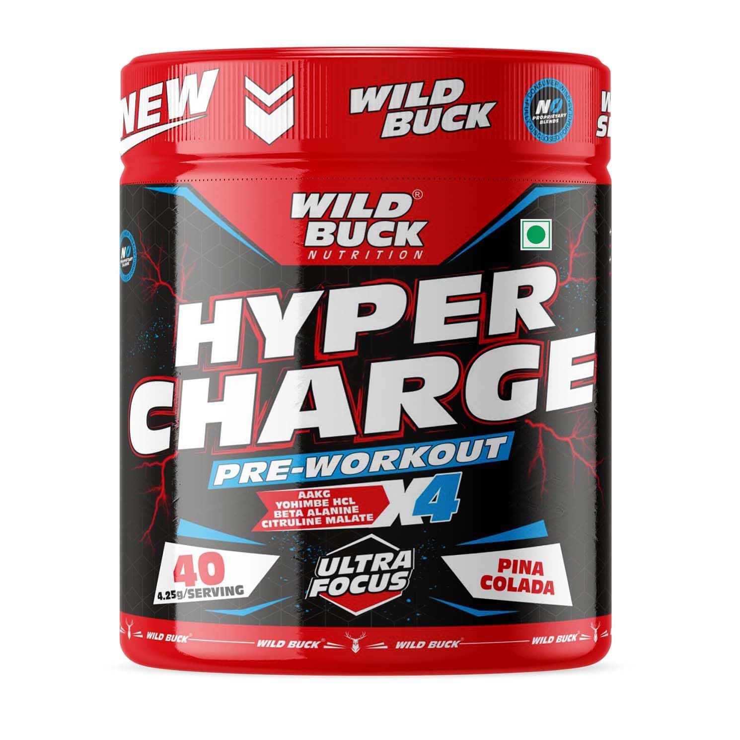 - WILD BUCK Hyper Charge Pre-X4 Hardcore Pre-Workout Supplement Powder With Creatine Monohydrate,Arginine Aakg,Explosive Muscle Pump,Caffeinated Punch - [40 Serv,Pina Colada],1 Count,40 Servings