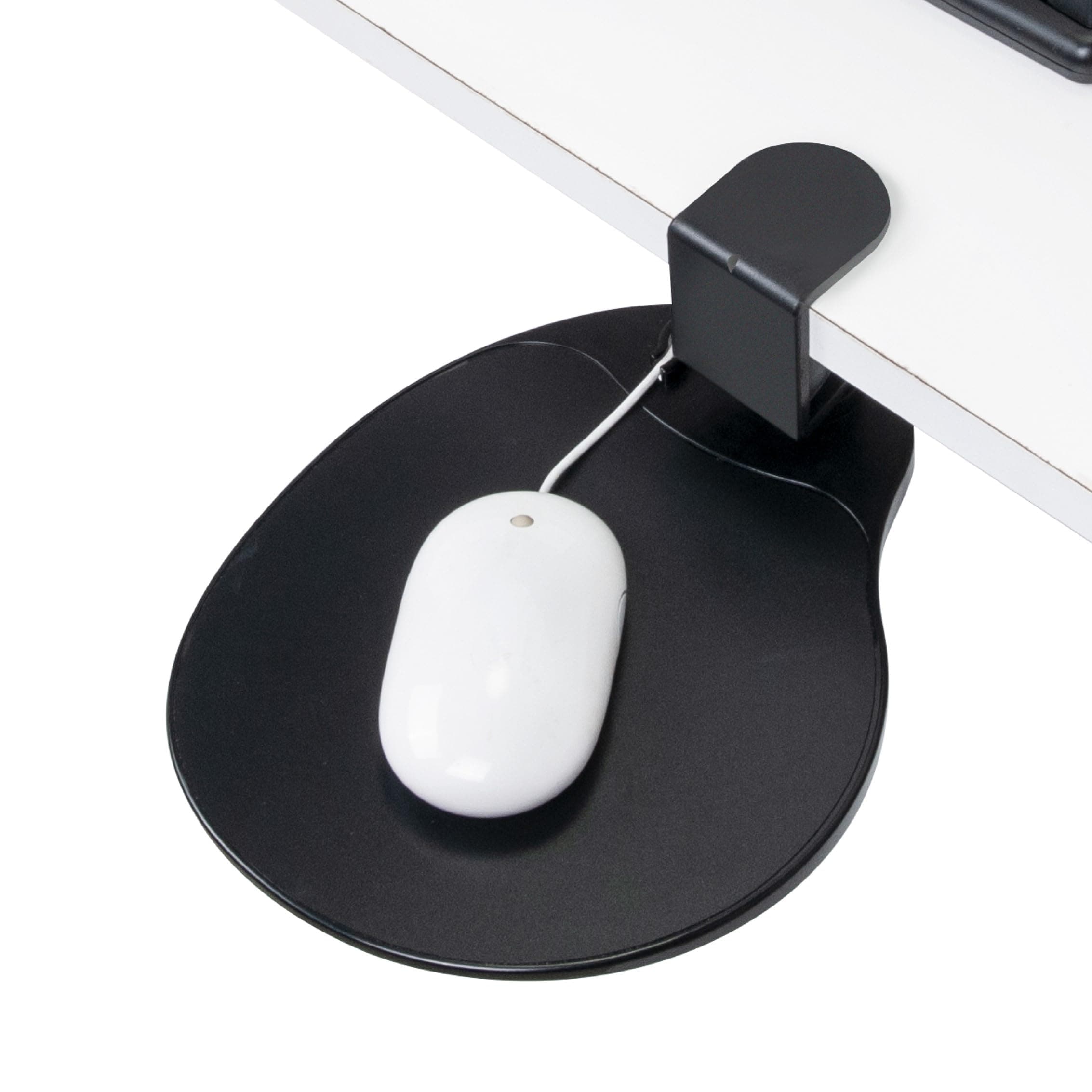 EHO Clamp on Mouse Platform, Clip on Pad Rotating 360 Degree, Ergonomic Mouse Tray Attachment, Mouse Pad, Slide Out Tray, Suitable for 1.5" Thickness Desk, for Home Organizer Extender (Black)