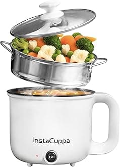 InstaCuppa Stainless Steel 3-In-1 1.2Liter Multi Cook Kettle With Steamer, Non-Stick Inner Pot, Adjustable Temperature, Ideal For Boiling Milk, Tea, Coffee, Eggs & Steaming Veggies, 600 Watts, White