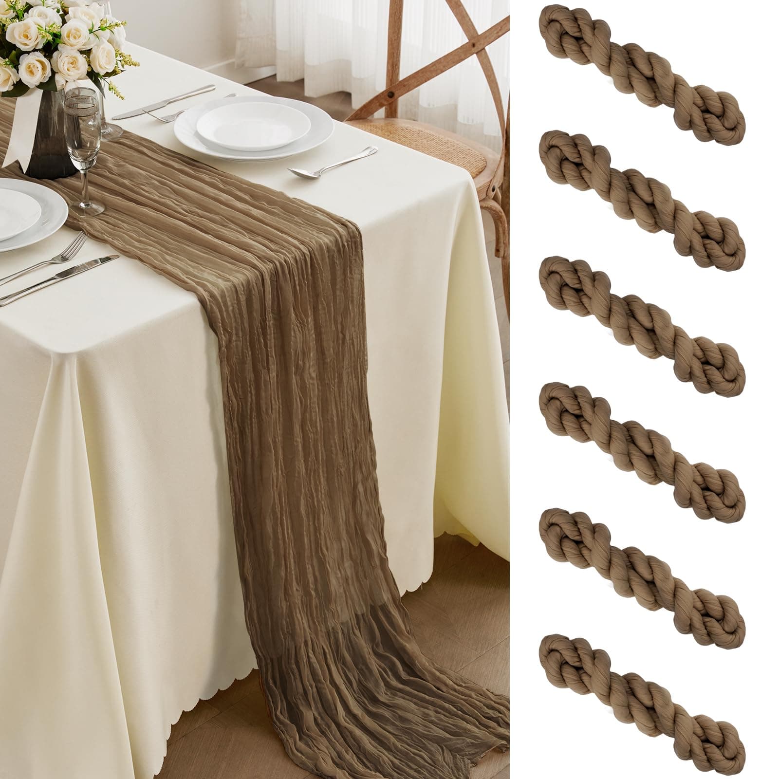 6PCS Brown Cheesecloth Table Runner-13.3Ft Boho Gauze Cheese Cloth Table Runner 35x160 Inch Long Romantic Sheer Table Runner for Wedding Bridal Baby Shower Birthday Party Table Decoration