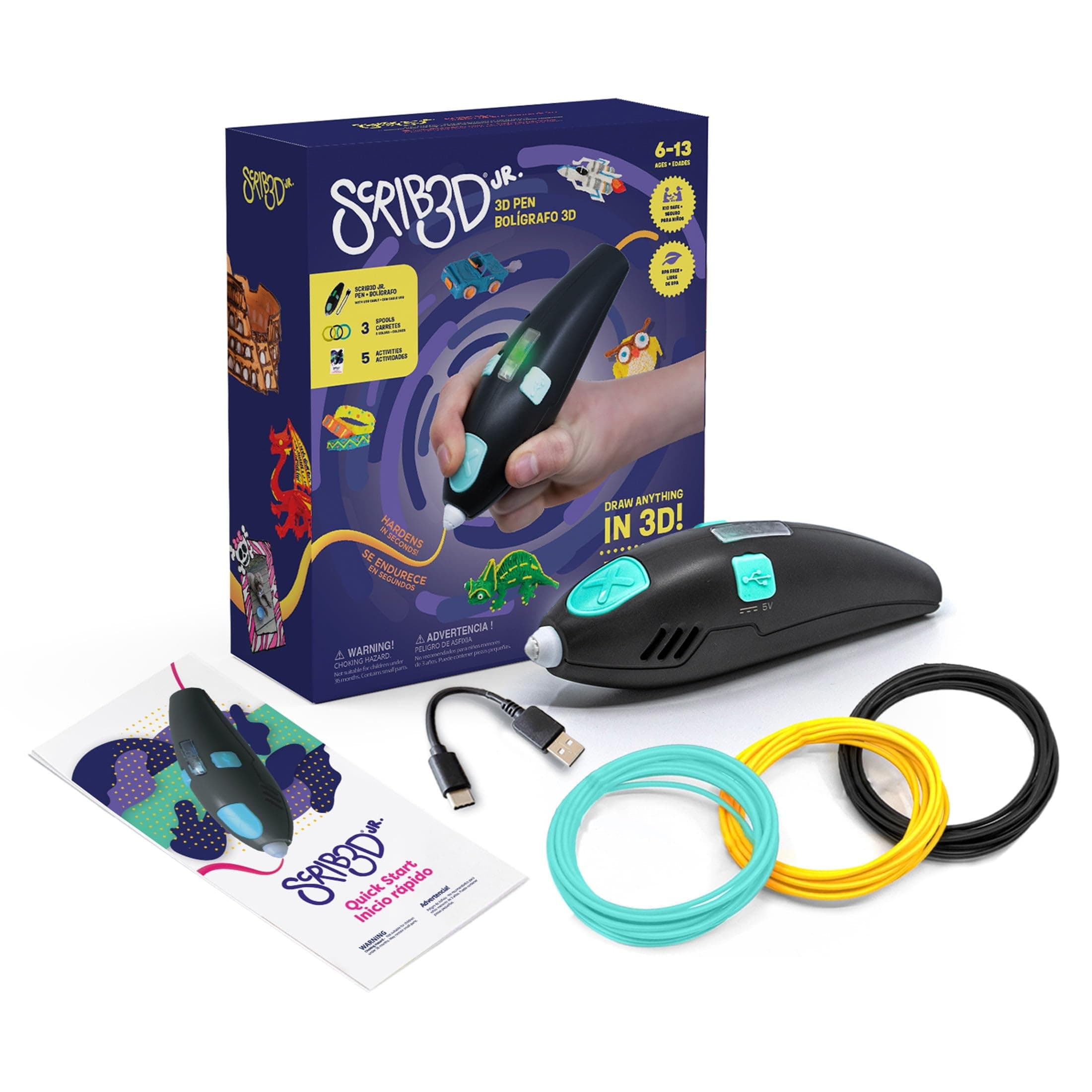 SCRIB3D Junior 3D Printing Pen Set for Kids with Filament, Activity Guide and USB Charging Cable