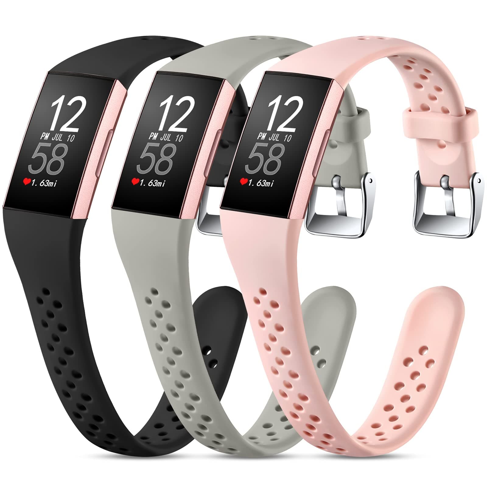Nofeda Bands Compatible with Fitbit Charge 3/Charge 4/Charge 3 SE,Slim Soft Breathable Replacement Sport Wristband with Air Holes for Women Men,Small, Black/Pink Sand/Gray