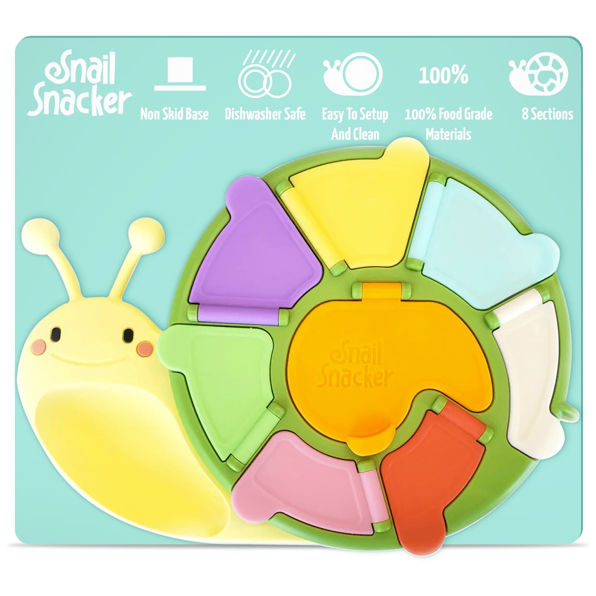 BoBaby Snail Snacker - Toddler Snack Container with 8 Sections and Lid | Food Grade Materials | Dishwasher Safe | Non-Skid Base | for Kids, Babies, Home & Travel | Educational (Yellow)