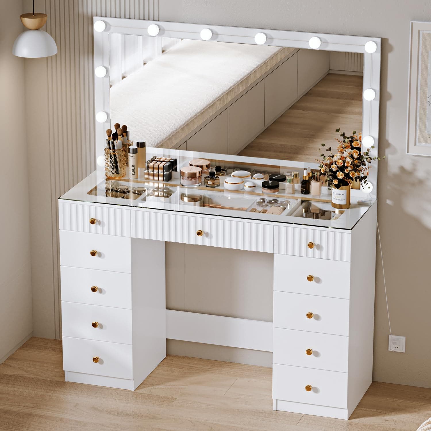 Fluted Makeup Vanity Desk with 46" HD Lighted Mirror,Big Modern Vanity Desk with Mirror and 12 LED Lights, Dressing Table with 11 Drawers, Glass Top for Bedroom,White