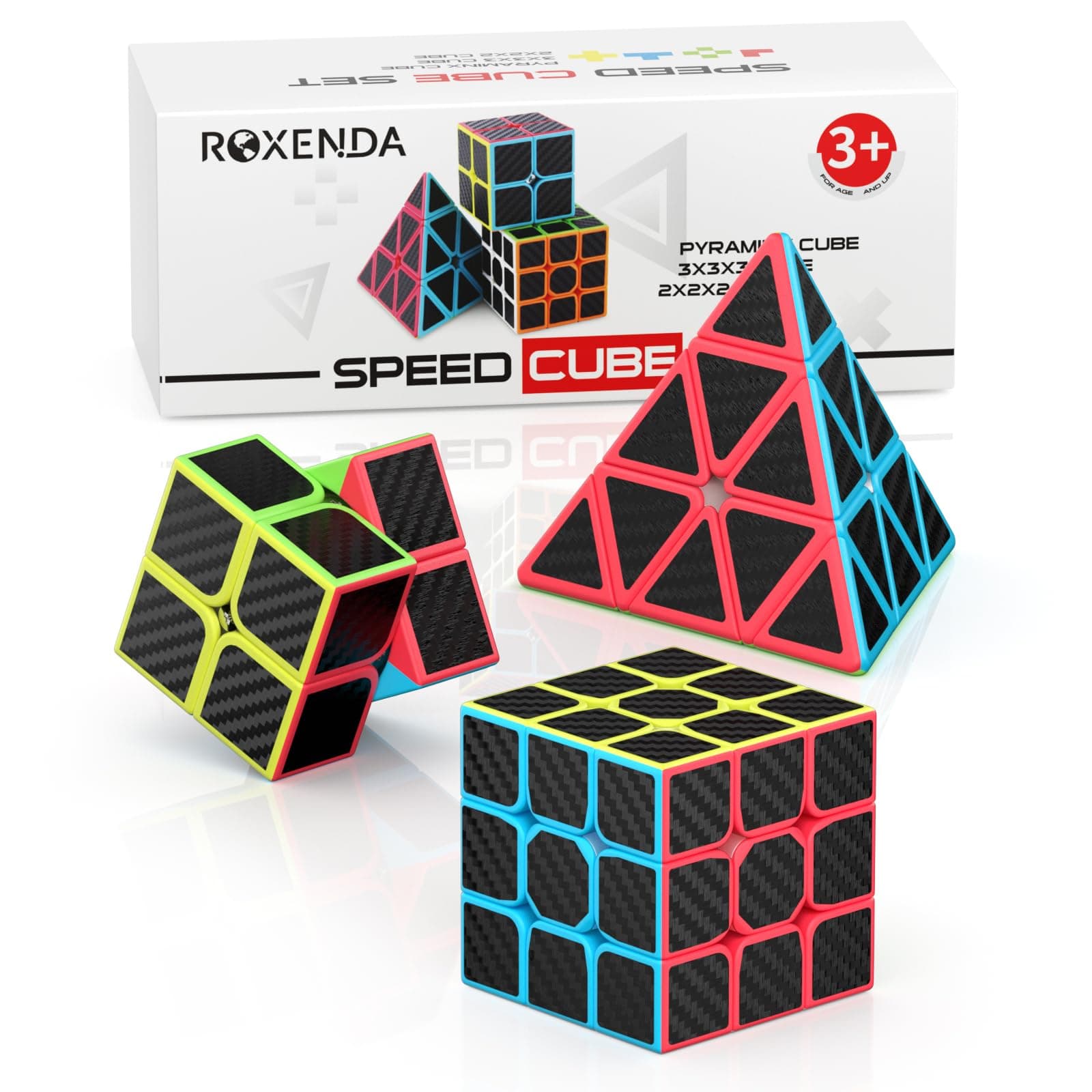 – ROXENDA Speed Cube Set, 2X2 3X3 Pyramid Speed Cube Carbon Fiber Puzzle Cube with Instruction (Carbon Fiber Cube Set)