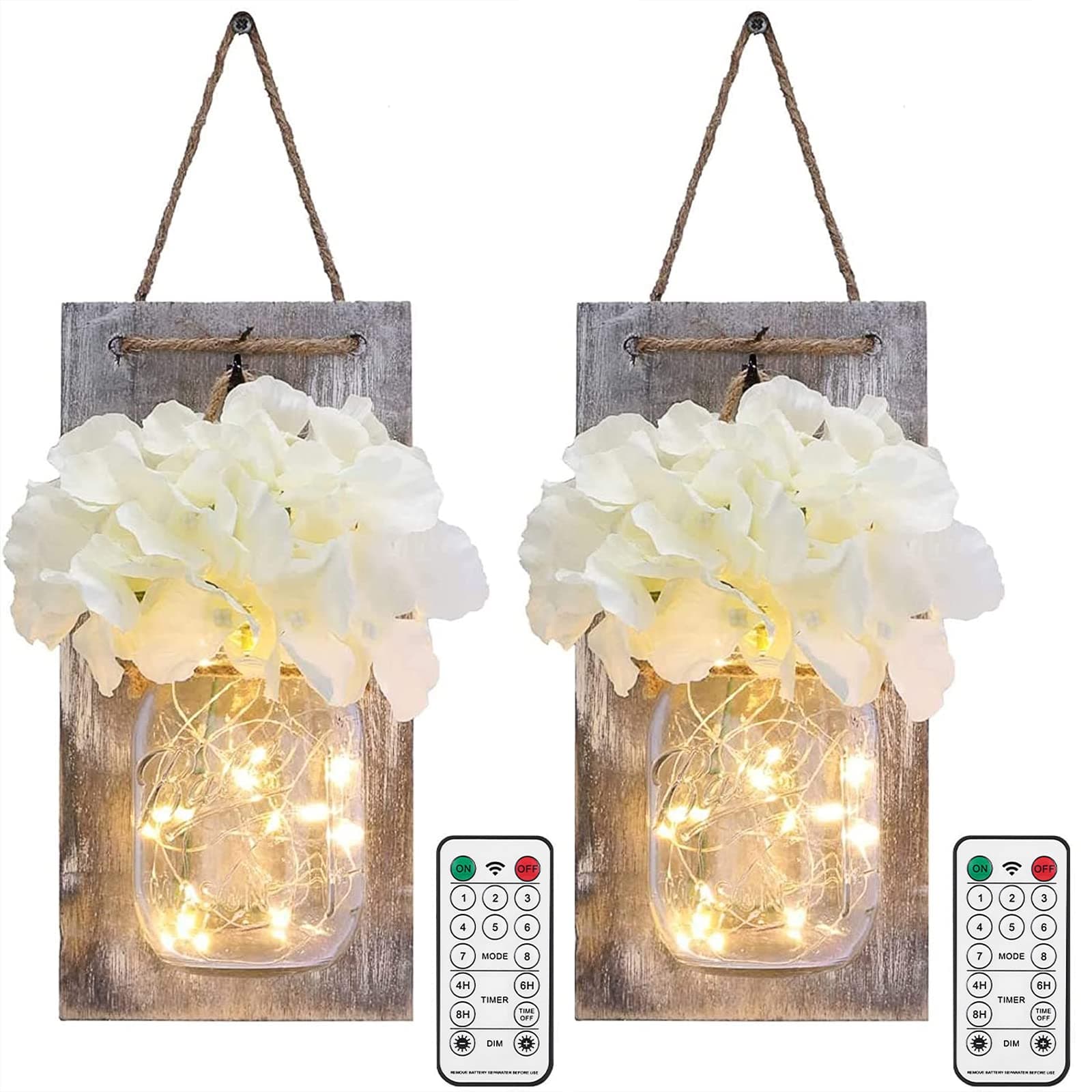 Mason Jar Wall Lights, Rustic Wall Sconces with 8 Modes Timer Remote Control Hanging Battery Powered Vintage LED Fairy Light with Artificial Flower Farmhouse Home Decor(Set of 2)