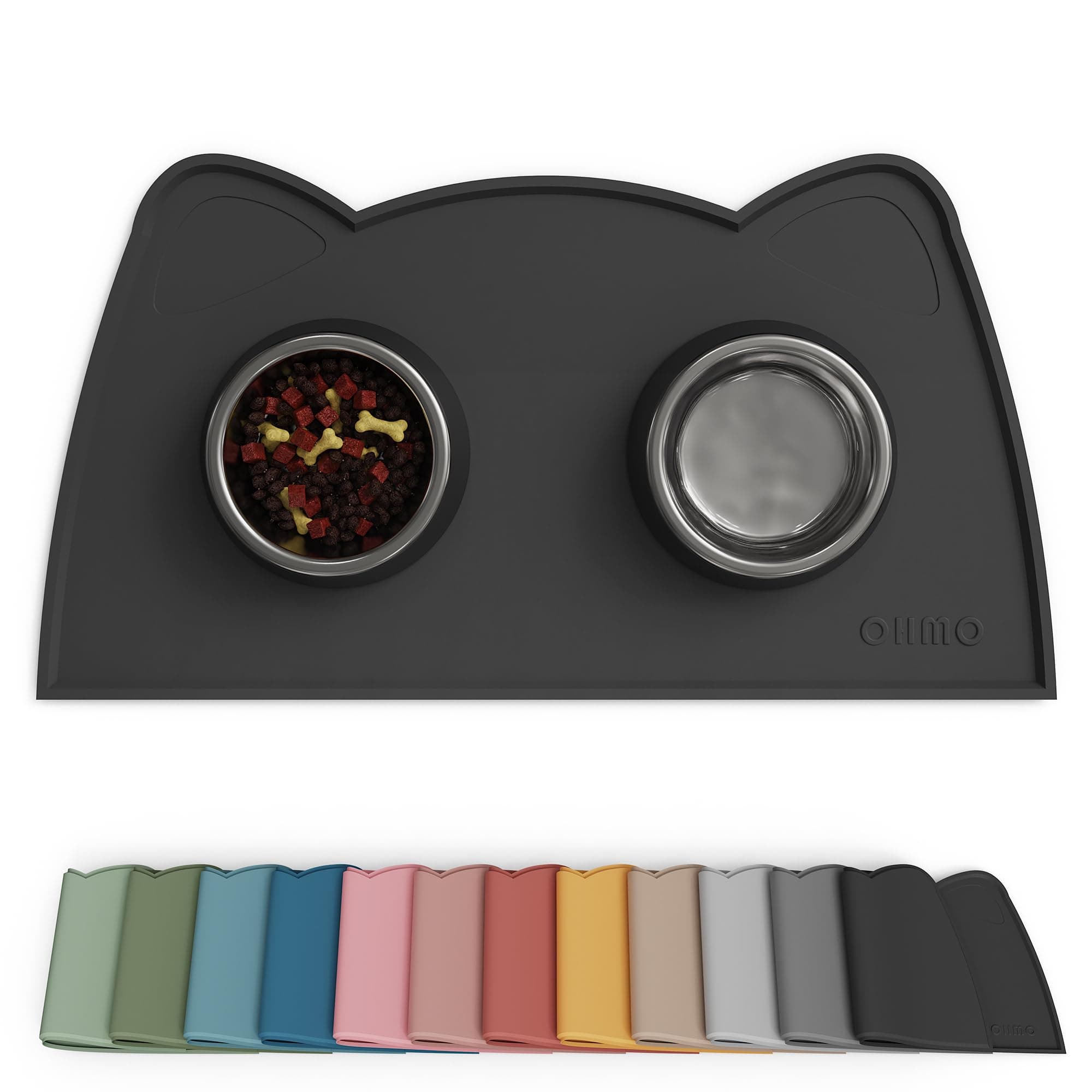 OHMO - Cat Food Mat, Silicone Pet Feeding Mat for Floor Non-Skid Waterproof Dog Water Bowl Tray, Easy to Clean Pet Placemat (Black, 18 * 9.8'')